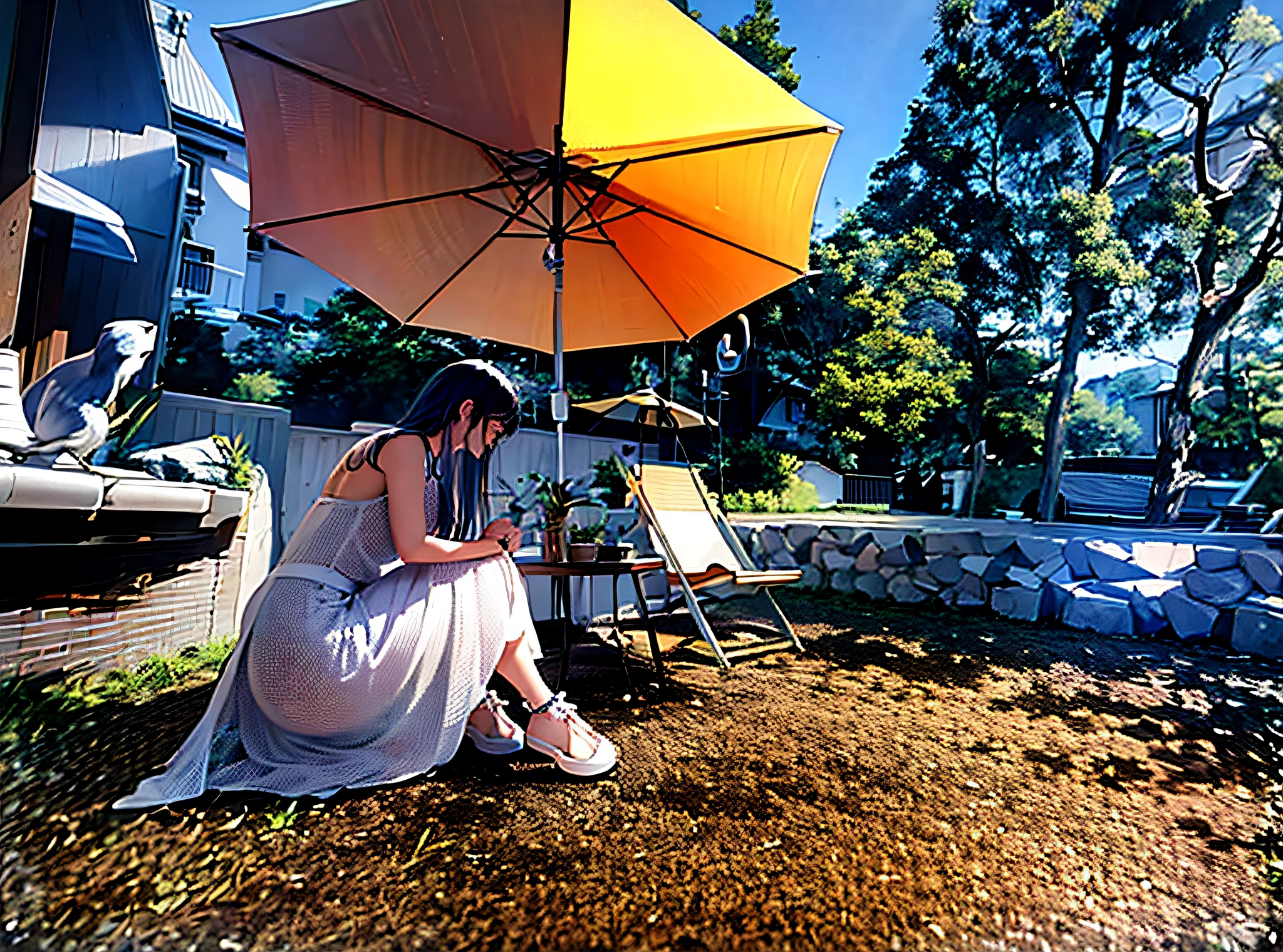 There is a woman sitting on an umbrella on the terrace, sunny day, summer afternoon, outdoors, fantastic atmosphere and drama, quiet and peaceful style, anime style, Illustrations,