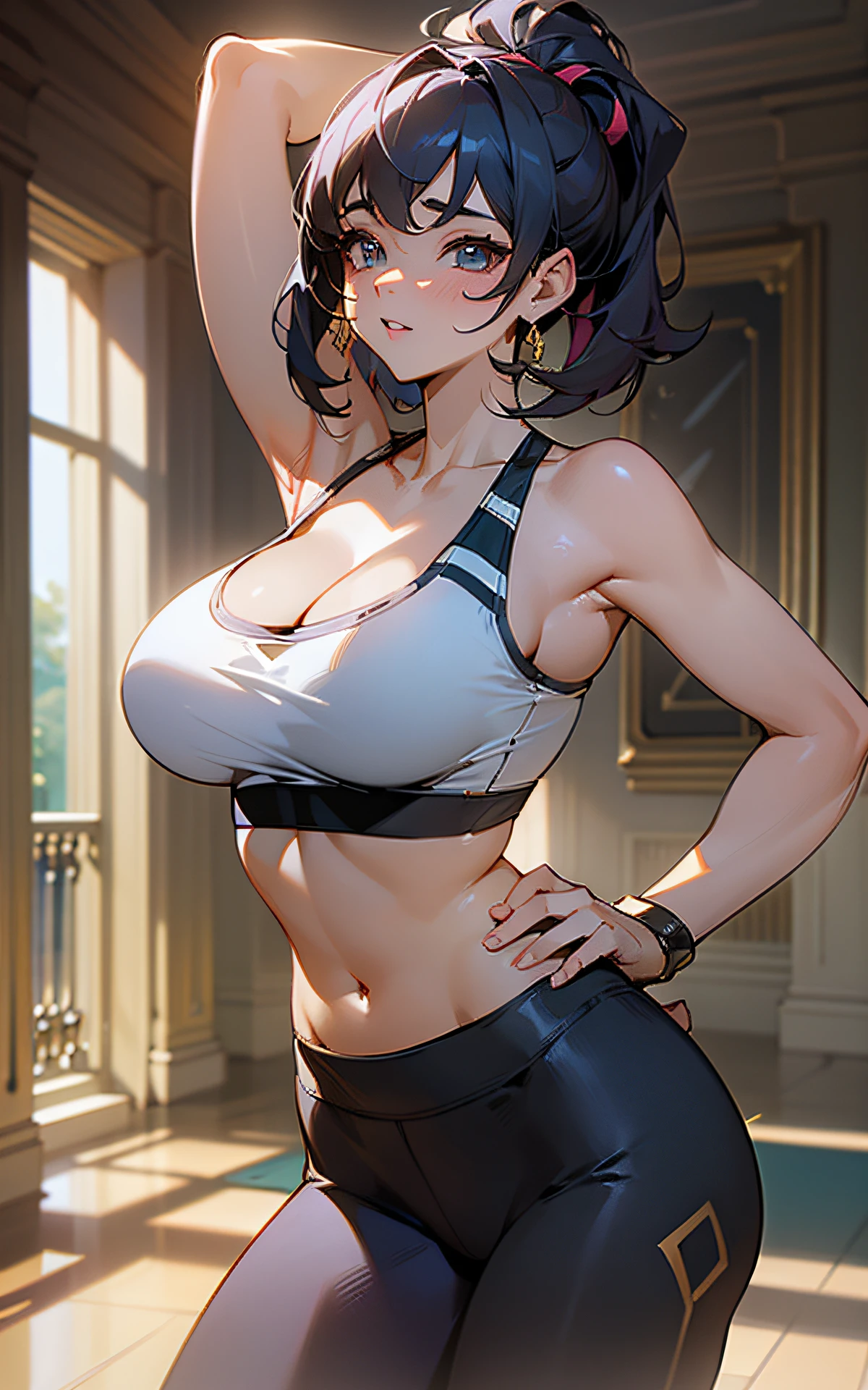 ((unity 16k wallpaper, masterpiece, best quality, ultra-detailed, extremely detailed CG, caustics, cinematic lighting, detailed, beautiful detailed eyes, NSFW: 2.0, 30 years old, dynamic pose)), erotic, sexy, ultra high-definition, ((cleavage)), fine skin, (cute: 1.2), collarbone, ((JPOP idol)), ((attractive)), (sports bra、yoga pants)、arched back,hand on hip、vivid