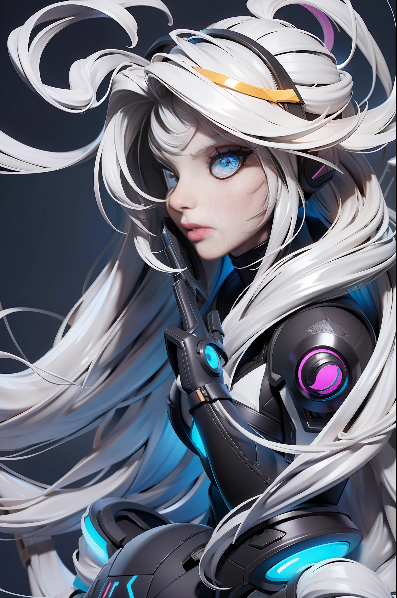 full body picture Unreal Engine 5 8K UHD of beautiful girl, white long hair, wearing futuristic black tight battle suit, half face cyberpunk mask, futuristic neck collar, beauty makeup, best quality, masterpiece