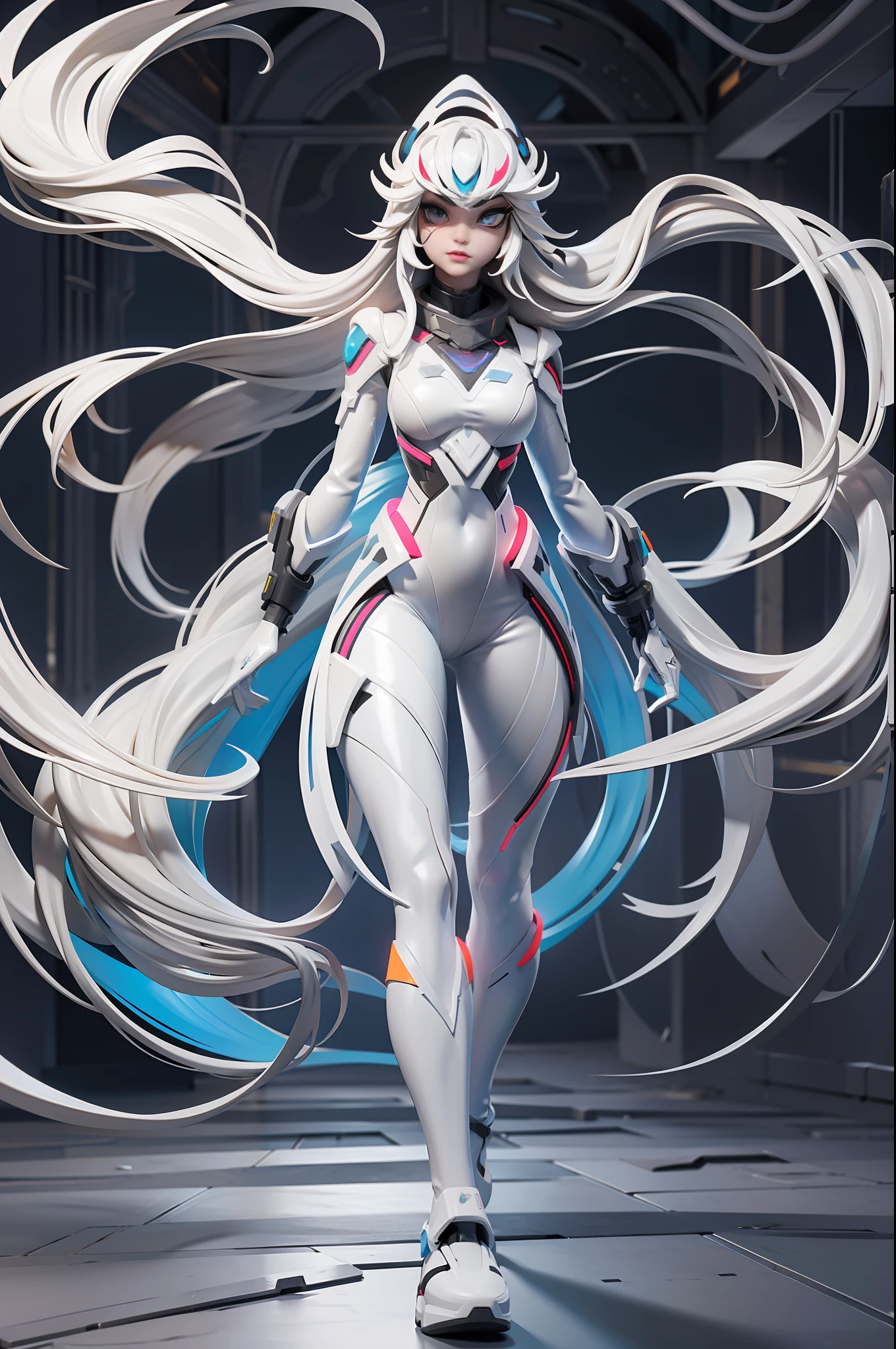 full body picture Unreal Engine 5 8K UHD of beautiful girl, white long hair, wearing futuristic black tight battle suit, half face cyberpunk mask, futuristic neck collar, beauty makeup, best quality, masterpiece