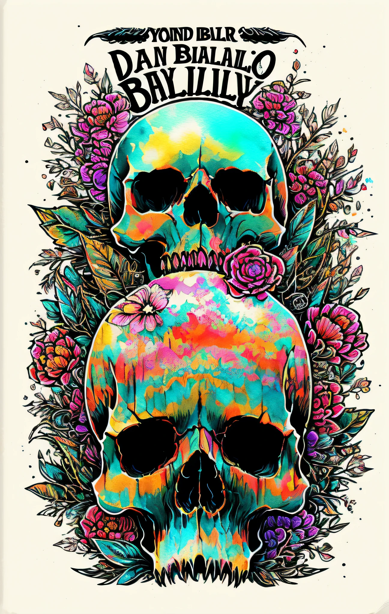 By (dan mumford: 1.4)A detailed illustration of a Dead Skull, T-shirt design, T-shirt design, Studio Ghibli style, cute and quirky, fantasy art, watercolor effect, bokeh, Adobe Illustrator, hand drawn, digital painting, low-poly, soft lighting, panoramic view, retro aesthetic, character-focused, 4K resolution