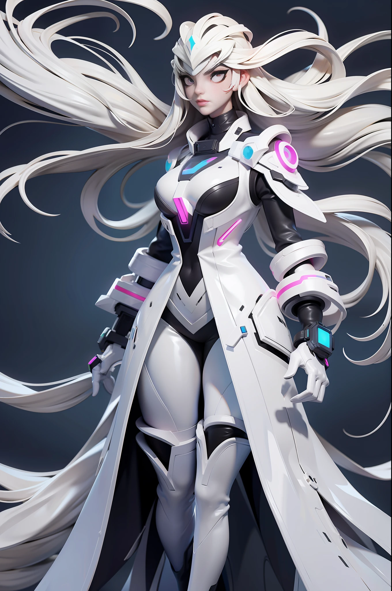 full body picture Unreal Engine 5 8K UHD of beautiful girl, white long hair, wearing futuristic black tight battle suit, half face cyberpunk mask, futuristic neck collar, beauty makeup, best quality, masterpiece