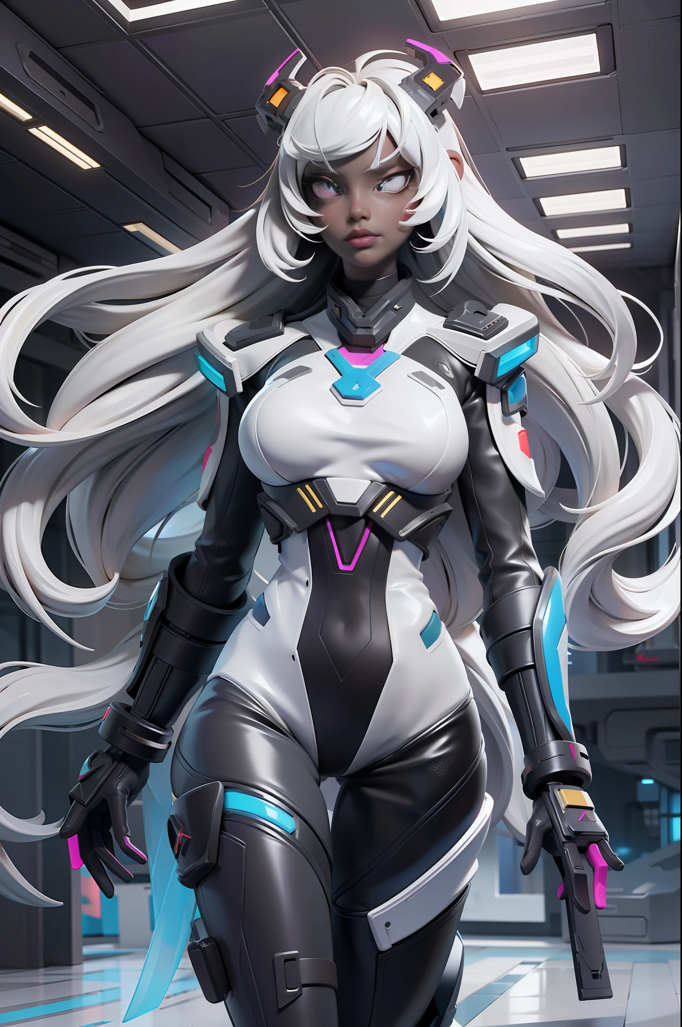 full body picture Unreal Engine 5 8K UHD of beautiful girl, white long hair, wearing futuristic black tight battle suit, half face cyberpunk mask, futuristic neck collar, beauty makeup, best quality, masterpiece