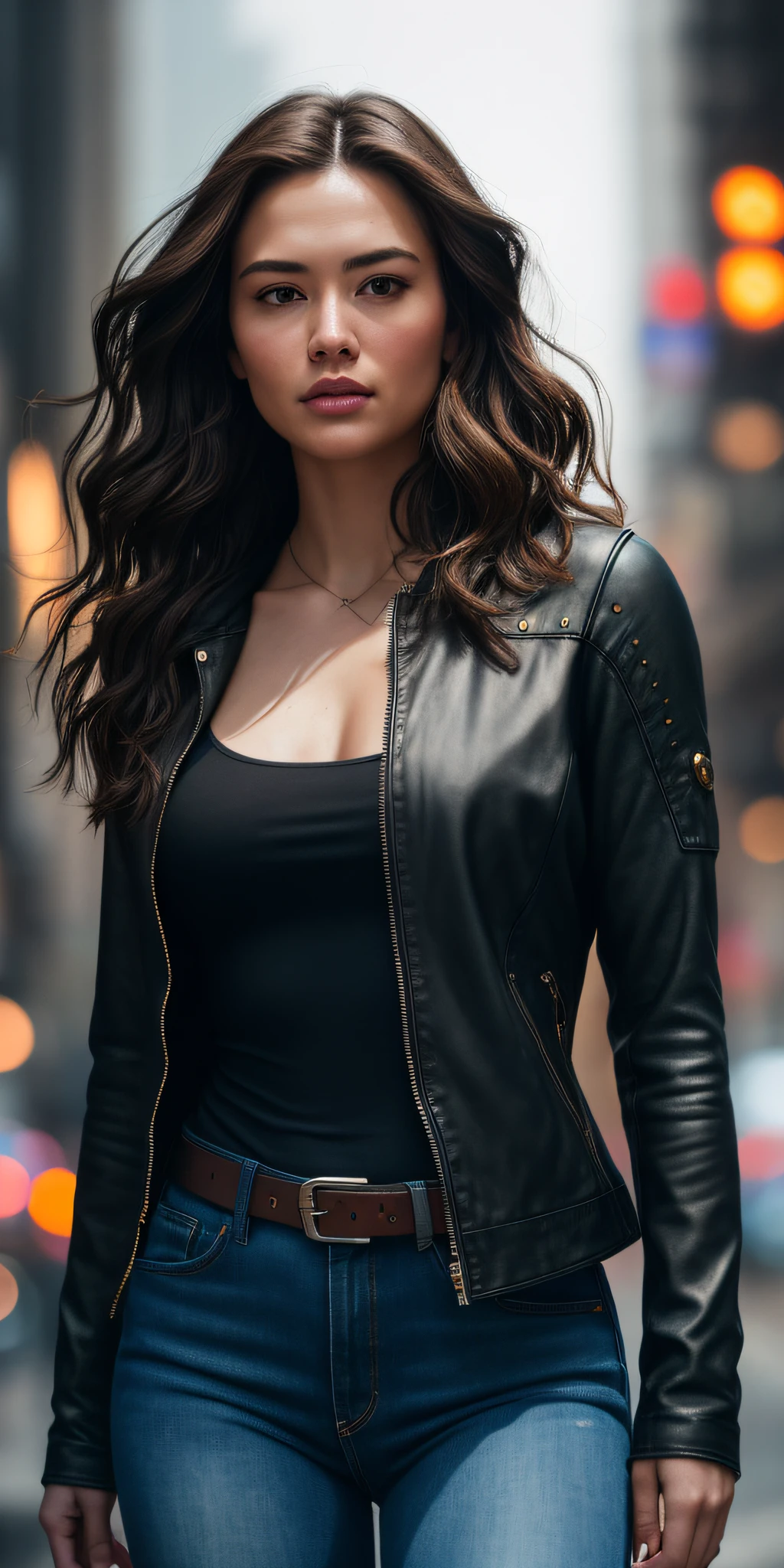Full face portrait photo of a 25-year-old European girl, RAW, beautiful woman, semi-open strawberry lips, dimples, wistful look, (extra long wavy brown hair), ((detailed face)), ((detailed facial features)), (finely detailed skin), pale skin, (deep neckline detailed high-tech cyberpunk dress), cyberpunk megacity environment, (cool colors), damp, damp, reflections, (masterpiece) (perfect proportion)(realistic photo)(best quality)  (detailed) shot on a Canon EOS R5, 50mm lens, F/2.8, HDR, (8k) (wallpaper) (cinematic lighting) (dramatic lighting) (sharp focus) (intricate), RAW photo, RAW photo, gigachad photo, posing for camera, black jeans, back arms, 8k uhd, dslr, high quality, grain film, Fujifilm XT3, film stock photography 4 kodak portra 400 camera f1.6 lens rich colors hyper realistic texture dramatic lighting unrealengine trend in artstation cinestill  800 tungsten, toughboy style, ultra focus face, intimidating, in fighting position, short messy hair, muscular, bursting veins, beaded