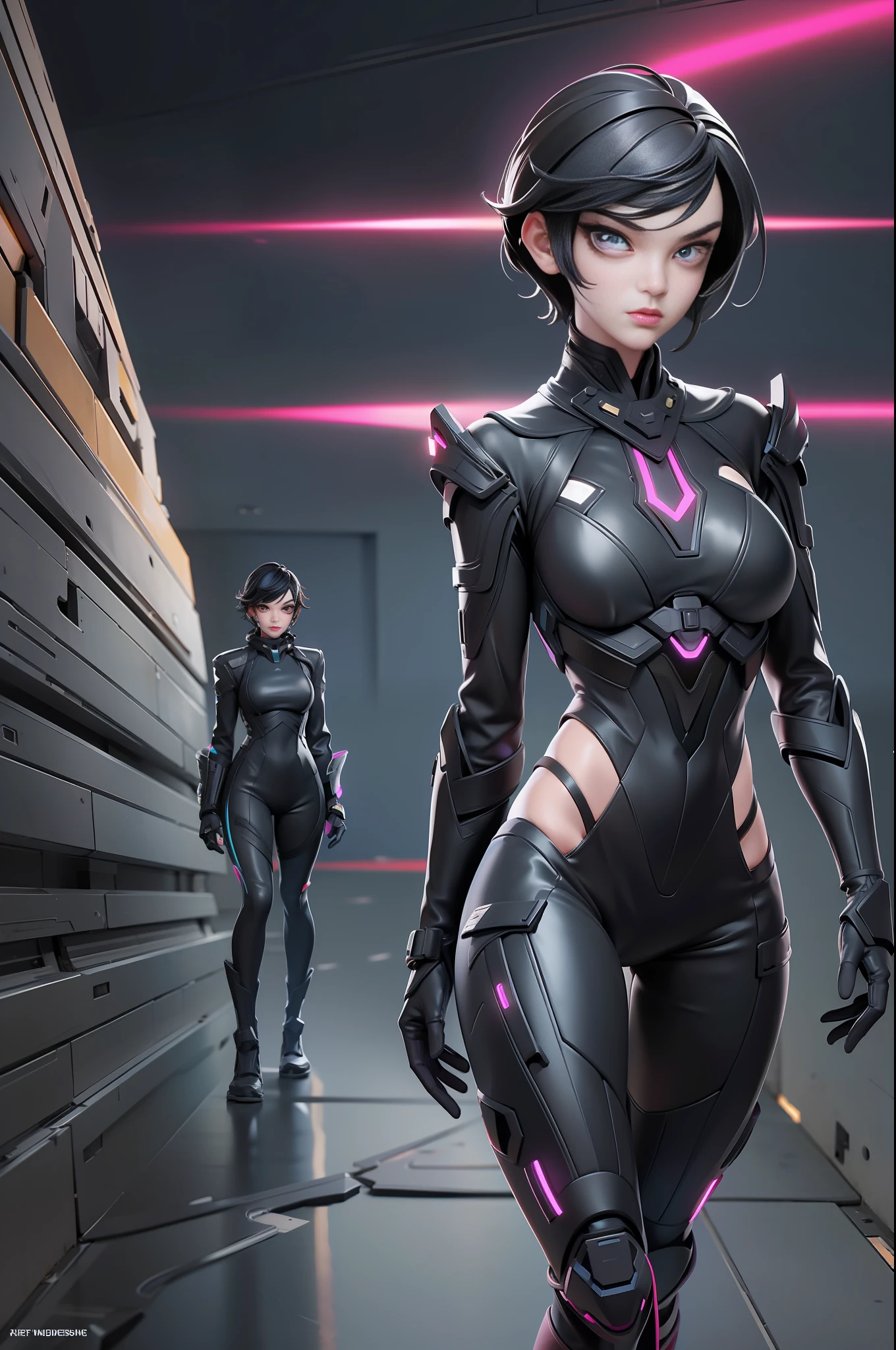 full body picture Unreal Engine 5 8K UHD of beautiful girl, black short hair, wearing futuristic black tight battle suit, half face cyberpunk mask, futuristic neck collar, beauty makeup, walking with a handsome guy, best quality, masterpiece