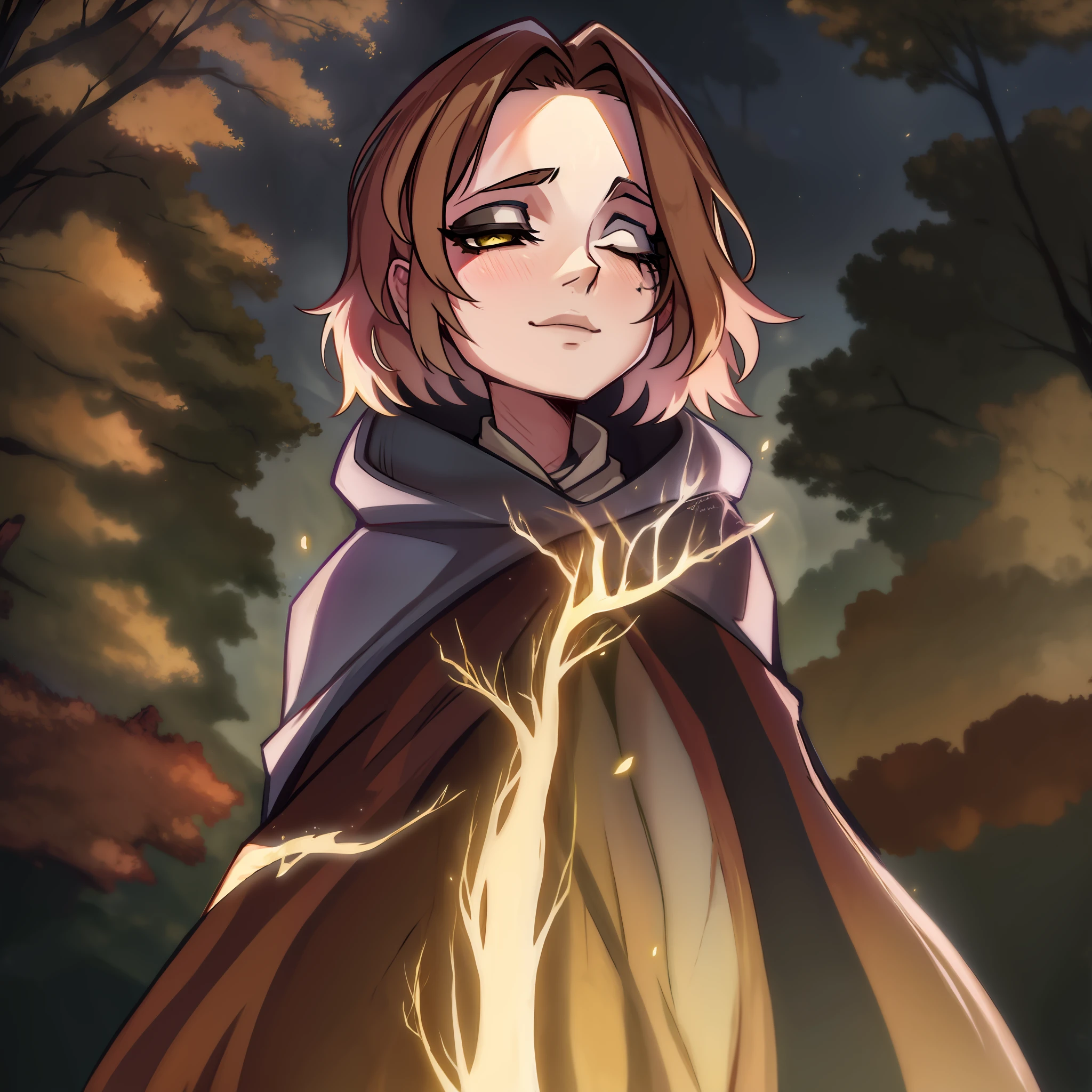 melina \(elden ring\), detailed background, ((night)), dark, erdtree in the distance, 1girl, black background, brown eyes, brown hair, cloak, green cloak, long sleeves, looking at viewer, one eye closed, short hair, solo, standing, tree, solo, yellow eyes, (pink hair:0.7), facial tattoo, expressionless, :|, tottoo on eye, eye scar , ((masterpiece)), portrait, golden, gold, divine