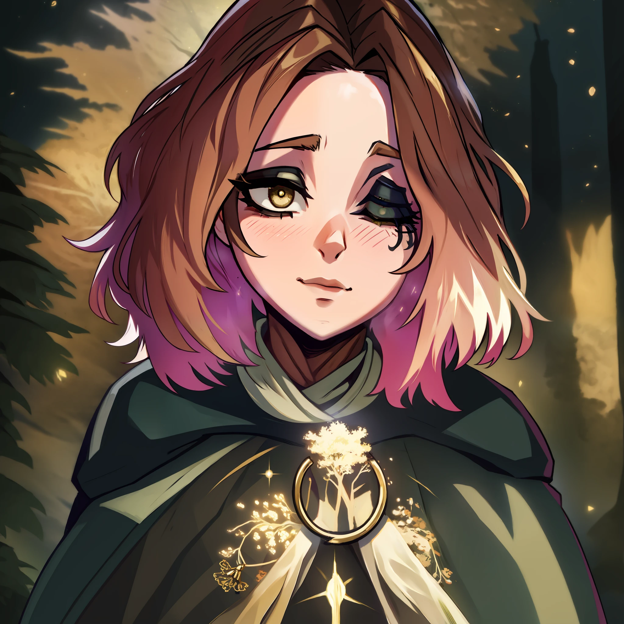 melina \(elden ring\), detailed background, ((night)), dark, erdtree in the distance, 1girl, black background, brown eyes, brown hair, cloak, green cloak, long sleeves, looking at viewer, one eye closed, short hair, solo, standing, tree, solo, yellow eyes, (pink hair:0.7), facial tattoo, expressionless, :|, tottoo on eye, eye scar , ((masterpiece)), portrait, golden, gold, divine