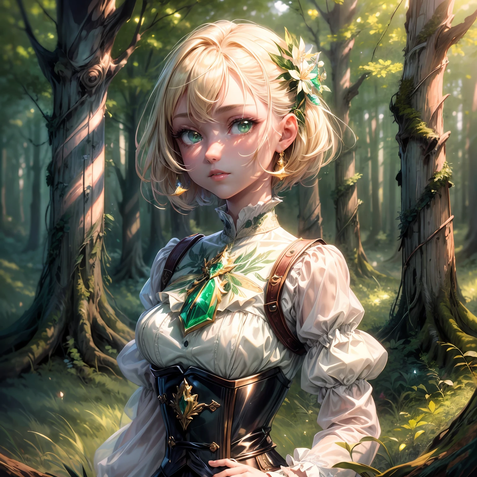 Highly detailed 8k CG wallpaper, incredibly well-illustrated scenery, diffuse, cinematic, artistic lighting, magical forest background scenery, a maiden with short blond hair, emerald green eyes, fair, white, smooth, soft skin, wearing a beautiful dress with a corset, a magical and stunning blend.