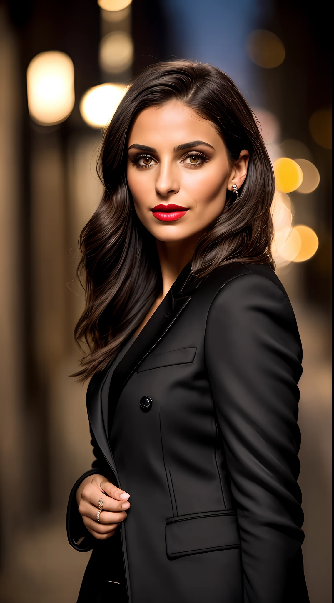 dark and gloomy, 8k, photo (close-up) of an extremely beautiful 30-year-old brunette Brazilian actress on a dark and gloomy street at night in the background, (dark brown realistic hair on the shoulder), makeup, red lips, dark eyes, (chanel black black closed tailoring blazer), (elegant black dress inside the coat), (closed clothes), frontal vision, looking straight ahead to the audience, dynamic pose, hyper realistic,{extremely beautiful olive skin}, (highly detailed skin: 1.2) {{{masterpiece}}}, realistic texture, dynamic composition, Fujifilm XT2, 85mm F1.2, shutter speed 1/80, (bokeh), high contrast