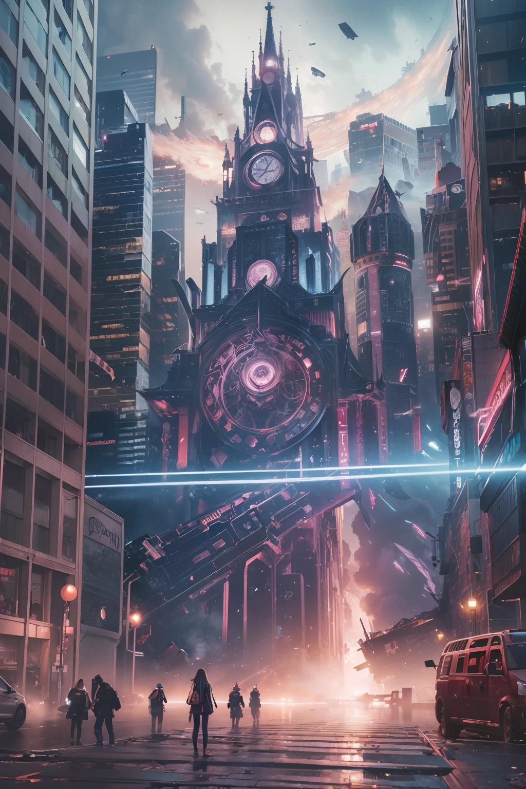 (((best quality))),(((ultra detailed))),(((masterpiece))),illustration, 1girl, city, destruction, chaos, fear, dark element, invasion