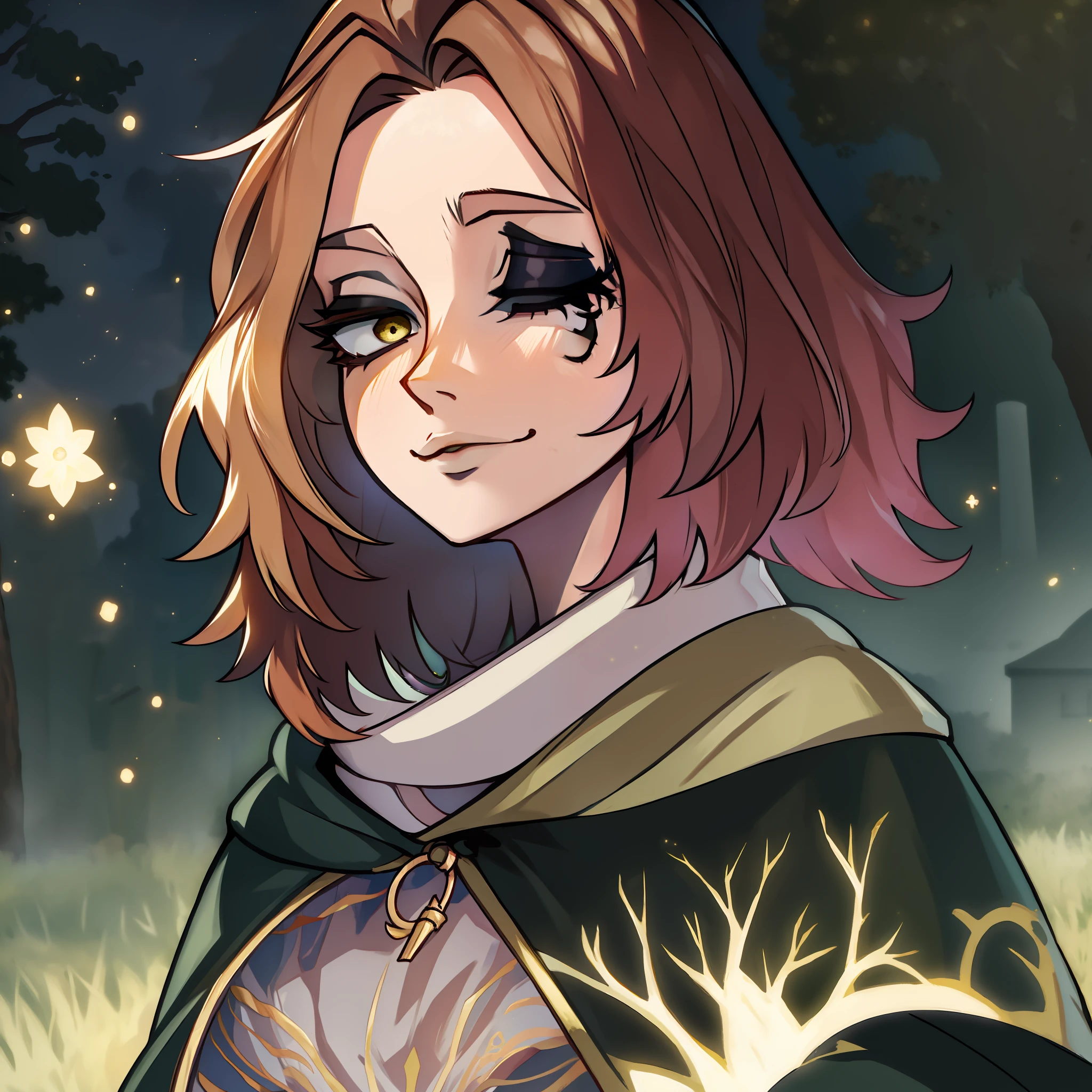melina \(elden ring\), detailed background, ((night)), dark, erdtree in the distance, 1girl, black background, brown eyes, brown hair, cloak, green cloak, long sleeves, looking at viewer, one eye closed, short hair, solo, standing, tree, solo, yellow eyes, (pink hair:0.7), facial tattoo, expressionless, :|, tottoo on eye, eye scar , ((masterpiece)), portrait, golden, gold, divine