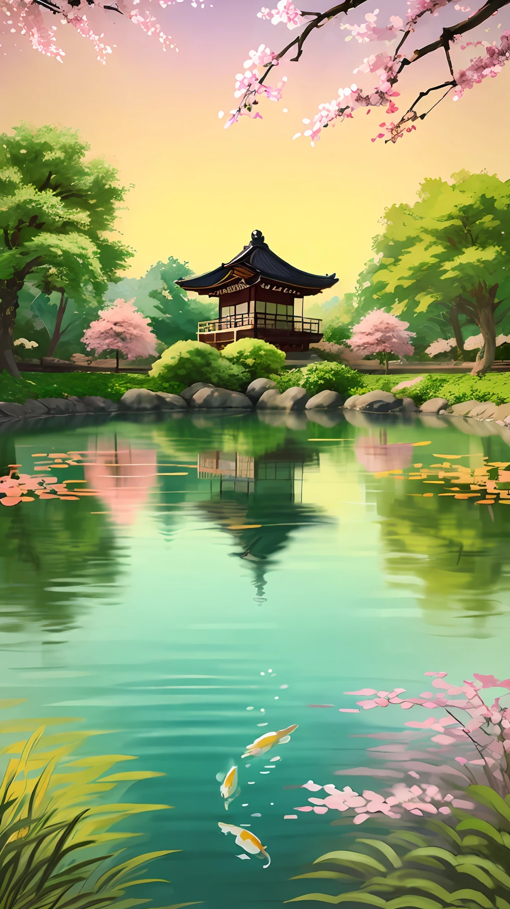 (digital painting),(best quality), (buildings:1.3), serene Japanese garden, cherry blossoms in full bloom, koi pond, footbridge, pagoda, Ukiyo-e art style, Hokusai inspiration, Deviant Art popular, 8k ultra-realistic, pastel color scheme, soft lighting, golden hour, tranquil atmosphere, landscape orientation