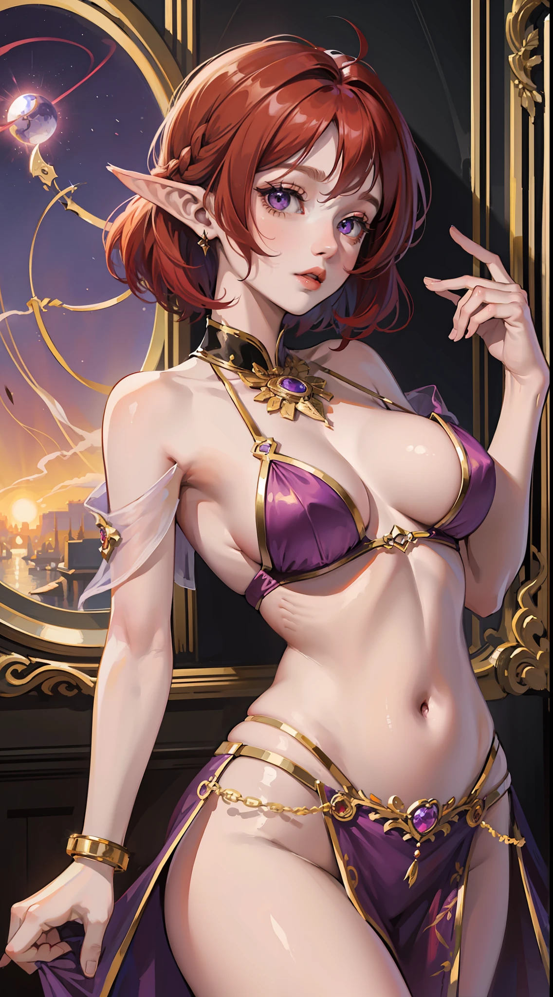 Young girl, short red hair, purple eyes, elven ears, open dress, open breasts, inner breasts, lower breasts, lower breasts, wide breasts, achegao, open belly, masterpiece, high quality