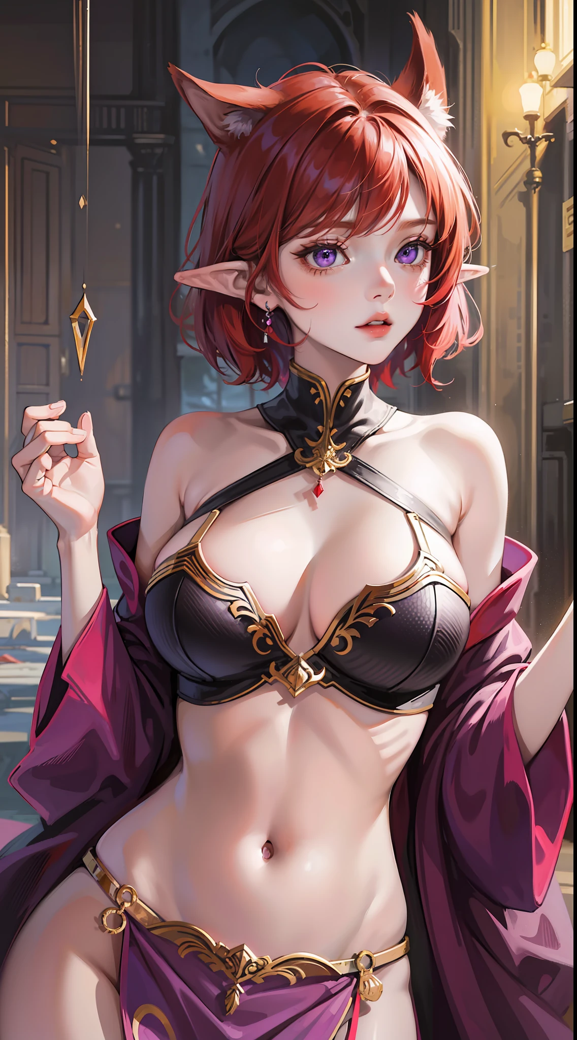 Young girl, short red hair, purple eyes, elven ears, open dress, open breasts, inner breasts, lower breasts, lower breasts, wide breasts, achegao, open belly, masterpiece, high quality