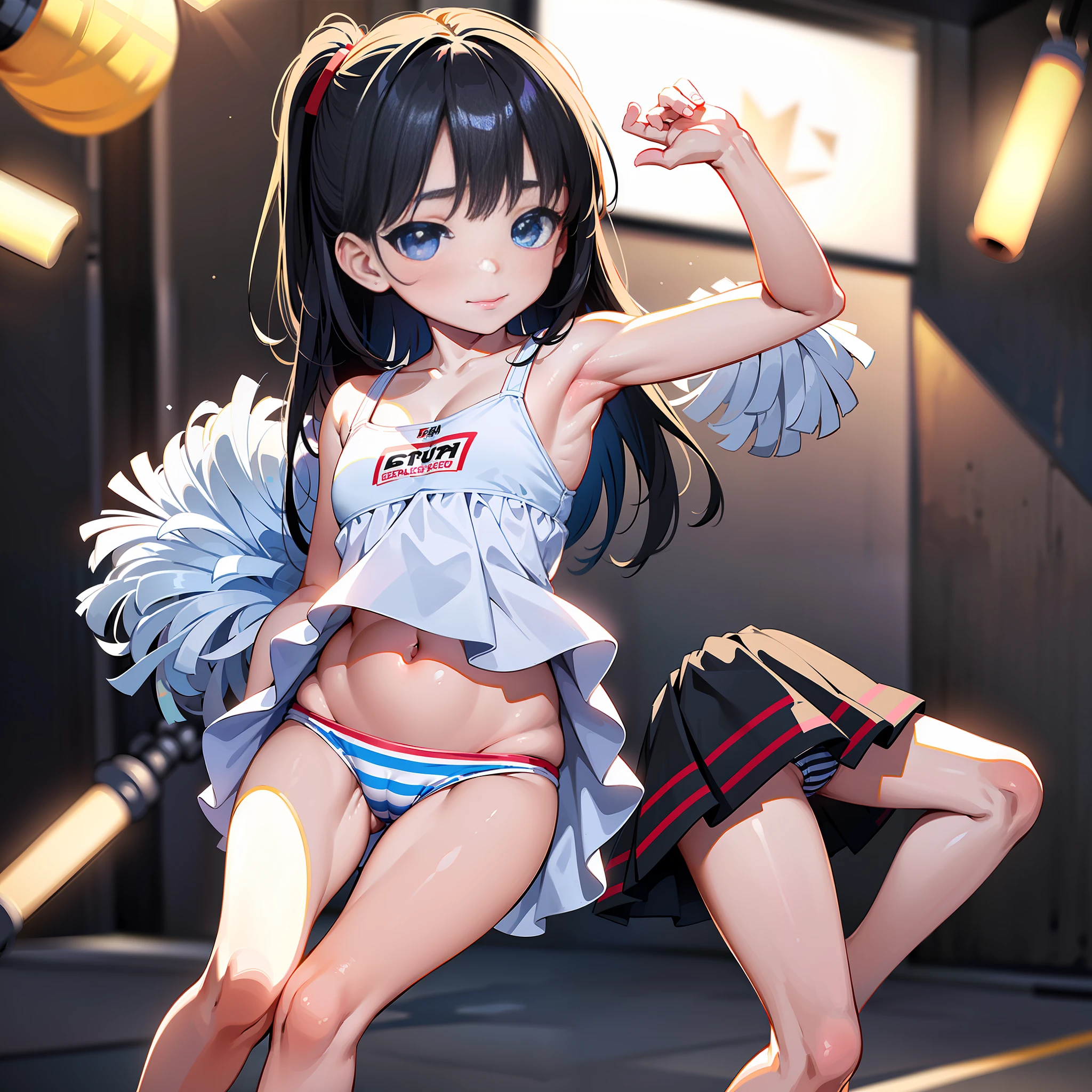1girl,nsfw,(8k, ultra high res, best quality, masterpiece:1.2), (realistic, photo-realistic:1.37), ultra-detailed,((complete anatomy)),((complete finger)),ultra detailed back ground,bokeh,(daytime),cinematic lighting,light glow,((cheer leader:1.3)),cute,((8 yo)),(),((loli and flachest)),(loli),(light smiling:1.2),small hip,small waist,beautiful legs,beautiful detailed eyes,(ultra detailed face:1.2),shiny hair,Black hair,((short ponytai)),pov,((beauty japanese girl)),(baby body:1.6)ull shot,full figure)),(child with short se:1.1),((toddler body:1.3)),clavle,navel,cleavage,sneaker shoes,(embarrassed),vulgarity,raise hand,armpit,(striped panties),beauty pelvis,((lifting the skirt)),(mini skirt),(striped panty),(Height 55 inch),standing