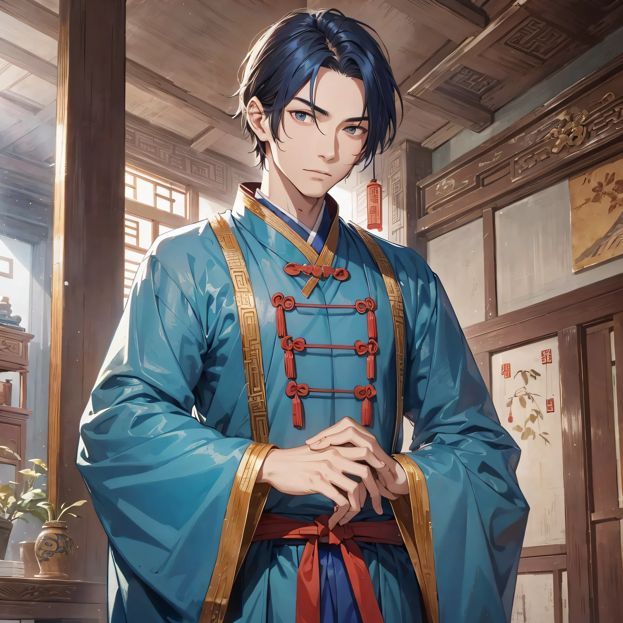 In ancient China, in the mansion, a skinny young man in blue cloth scholar with a firm and serious expression (1.3)