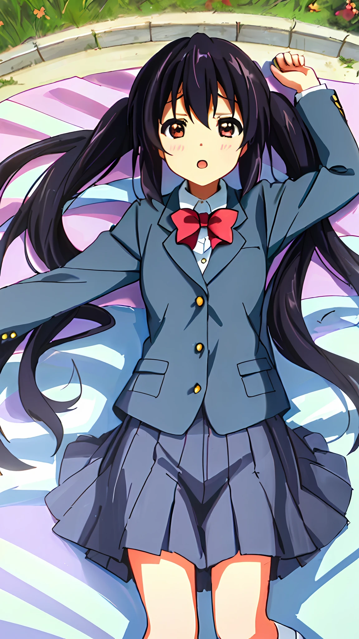 1girl, ((((Masterpiece))), Best Quality, Best Quality, High Detail, Azusa Nakano, 1girl, Sakuragaoka High School Uniform, Musical Instrument, School Uniform, Twin Tails, Long Hair, Black Hair, Brown Eyes, Solo, Red, Dark blue blazer with a thin ribbon of red, Solid white button shirt under blazer, Illustration, Cartoon, Soothing tones, Muted colors, Soft cinematic light, Adobe Lightroom, Photo Lab, HDR, complex and highly detailed, (((depth of field))))). (((Masterpiece))). (((highest quality))).) ((super detail))). (((Illustration))). (((Outside))). (((fighting stance))).,(((Lying down))).dynamic focus.small breasts.. (((Face of sadness))). Open mouth.Close your eyes.Spread your arms.Ground.Lie on your back.