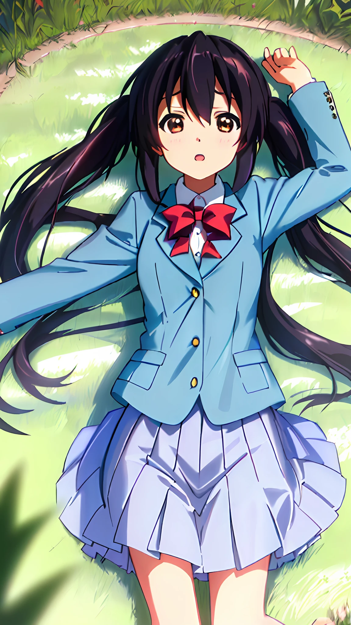 1girl, ((((Masterpiece))), Best Quality, Best Quality, High Detail, Azusa Nakano, 1girl, Sakuragaoka High School Uniform, Musical Instrument, School Uniform, Twin Tails, Long Hair, Black Hair, Brown Eyes, Solo, Red, Dark blue blazer with a thin ribbon of red, Solid white button shirt under blazer, Illustration, Cartoon, Soothing tones, Muted colors, Soft cinematic light, Adobe Lightroom, Photo Lab, HDR, complex and highly detailed, (((depth of field))))). (((Masterpiece))). (((highest quality))).) ((super detail))). (((Illustration))). (((Outside))). (((fighting stance))).,(((Lying down))).dynamic focus.small breasts.. (((Face of sadness))). Open mouth.Close your eyes.Spread your arms.Ground.Lie on your back.
