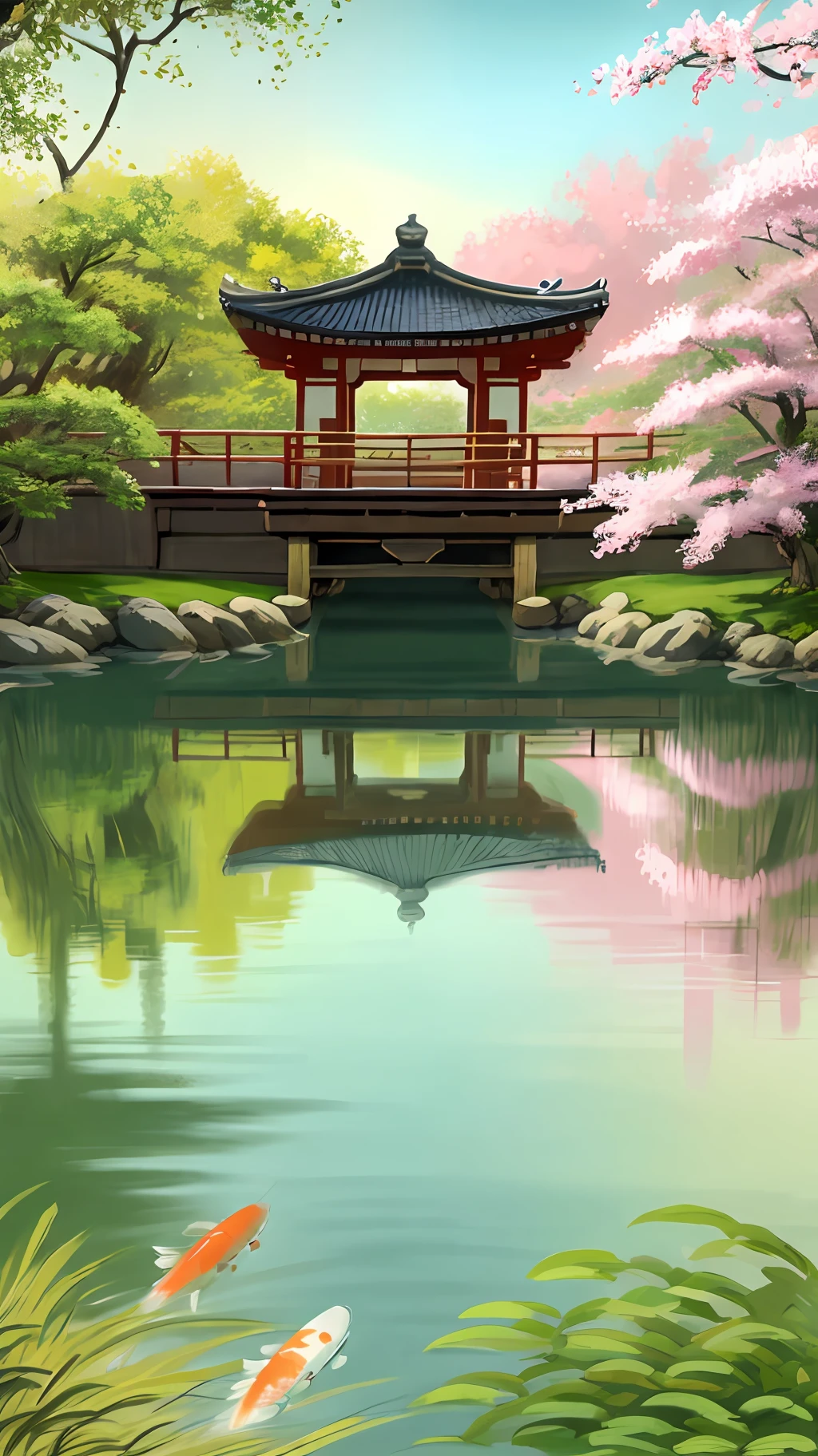 (digital painting),(best quality), (buildings:1.3), serene Japanese garden, cherry blossoms in full bloom, koi pond, footbridge, pagoda, Ukiyo-e art style, Hokusai inspiration, Deviant Art popular, 8k ultra-realistic, pastel color scheme, soft lighting, golden hour, tranquil atmosphere, landscape orientation