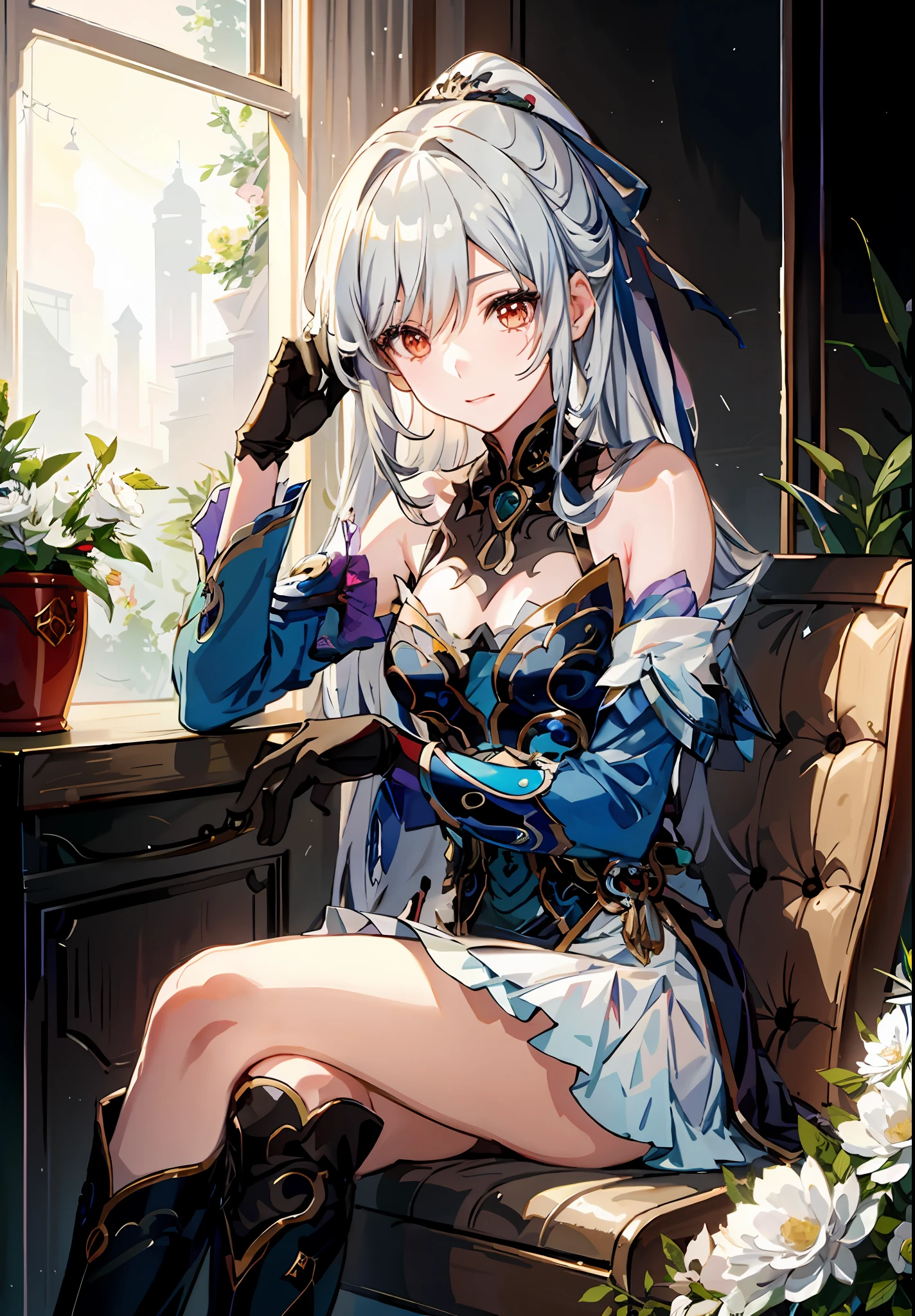 Anime girl sitting on chair with flower pot in hand, cute anime huaifu in beautiful clothes, beautiful and seductive anime woman, epic light novel art cover, 8k high quality detail art, epic light novel cover art, beautiful anime girl, beautiful anime woman, detailed key anime art, seductive anime girl, anime goddess, beautiful fantasy anime, 4K