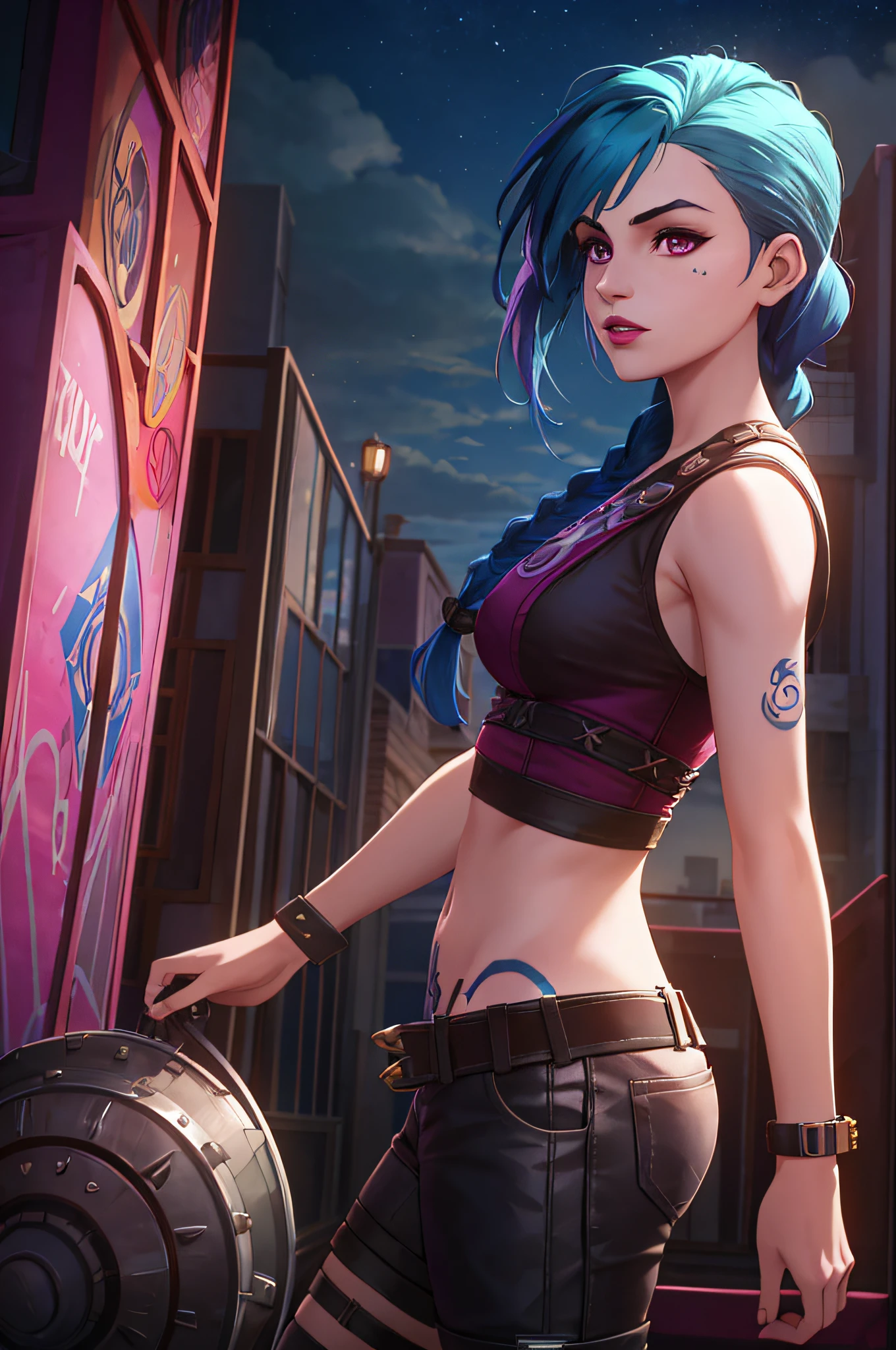 arcane style, 1girl, arm tattoo, asymmetrical bangs, bangs, blue hair, braid, brown shirt, cloud tattoo, from side, night, city, green hair, long hair, midriff, pink eyes, red lips, shirt, solo, standing, tattoo, twin braids, upper body, arcane jinx, jinx \(league of legends\)