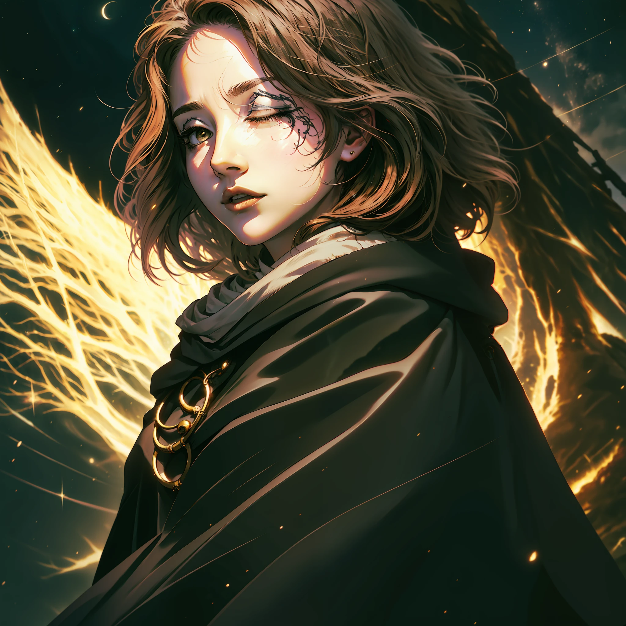 melina \(elden ring\), detailed background, ((night)), dark, erdtree in the distance, 1girl, black background, brown eyes, brown hair, cloak, green cloak, long sleeves, looking at viewer, one eye closed, short hair, solo, standing, tree, solo, yellow eyes, (pink hair:0.7), facial tattoo, expressionless, :|, tottoo on eye, eye scar , ((masterpiece)), portrait, golden, gold, divine
