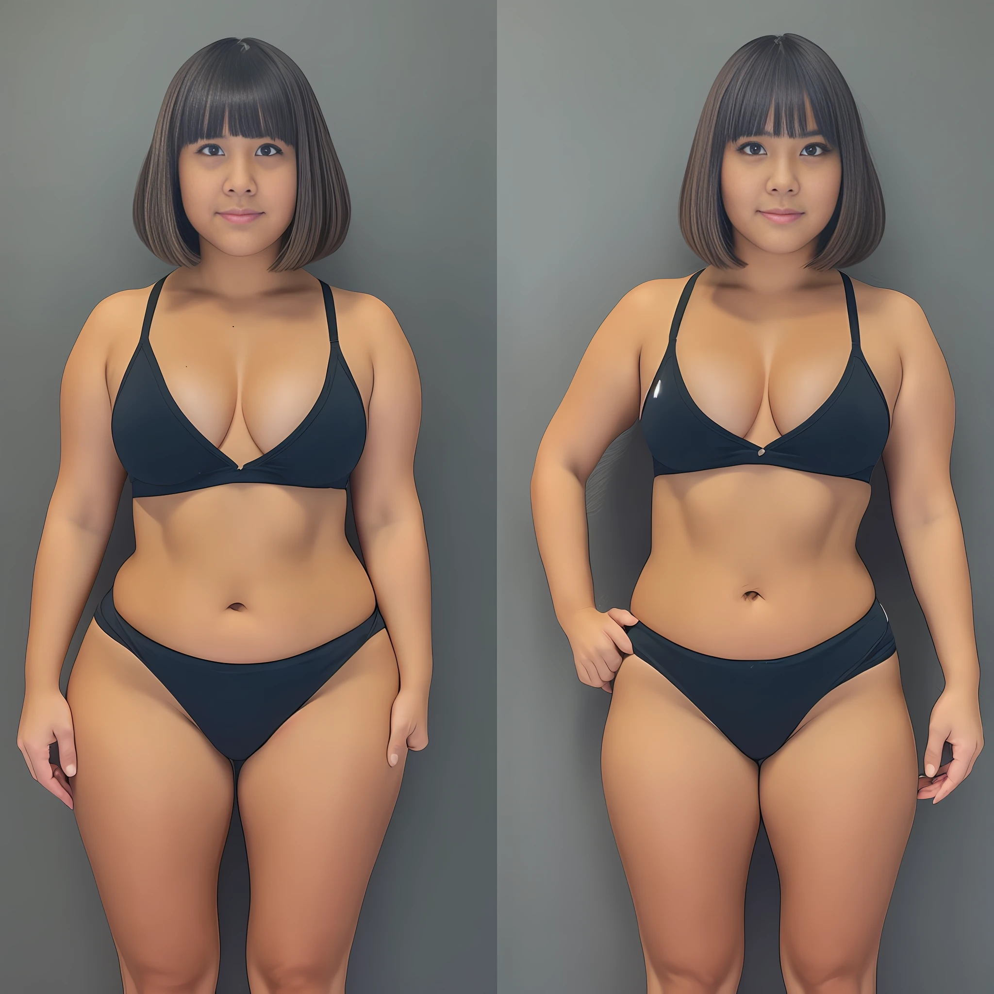 High-quality diet before and after photos. 2 people (Bobcut. The one on the right is a little longer). Half pants. About half the length of the thigh. On the left is an obese figure with a fairly bulging belly. --auto --s2