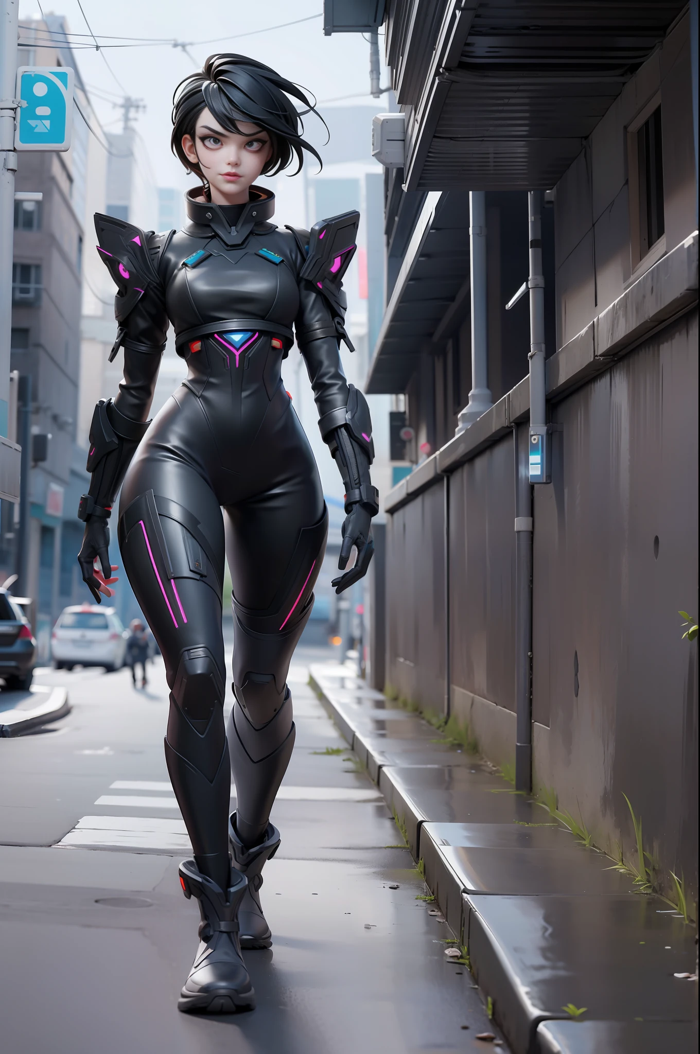 full body picture Unreal Engine 5 8K UHD of beautiful girl, black short hair, wearing futuristic black tight battle suit, half face cyberpunk mask, futuristic neck collar, beauty makeup, walking with a handsome guy, best quality, masterpiece