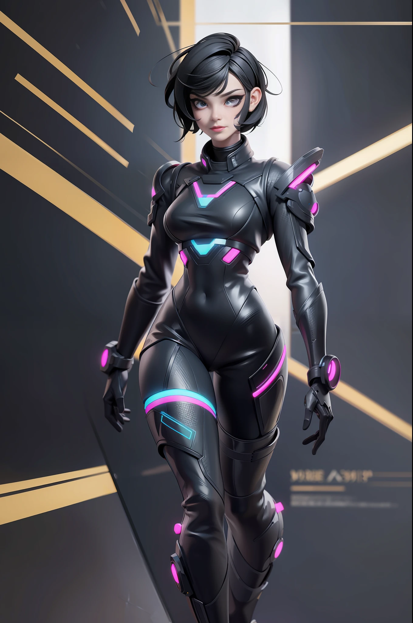 full body picture Unreal Engine 5 8K UHD of beautiful girl, black short hair, wearing futuristic black tight battle suit, half face cyberpunk mask, futuristic neck collar, beauty makeup, walking with a handsome guy, best quality, masterpiece