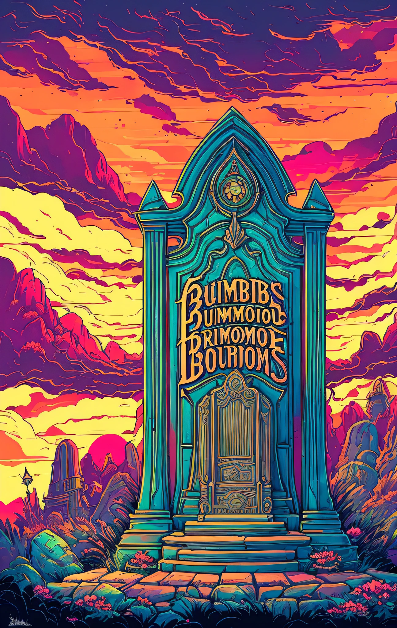 By (dan mumford: 1.4)A detailed illustration of a tombstone, t-shirt design, T-shirt design, in Studio Ghibli style,beautiful and quirky, fantasy art, watercolor effect, bokeh, Adobe Illustrator, hand drawn, digital painting, low-poly, soft lighting, panoramic view, retro aesthetic, character-focused, 4K resolution