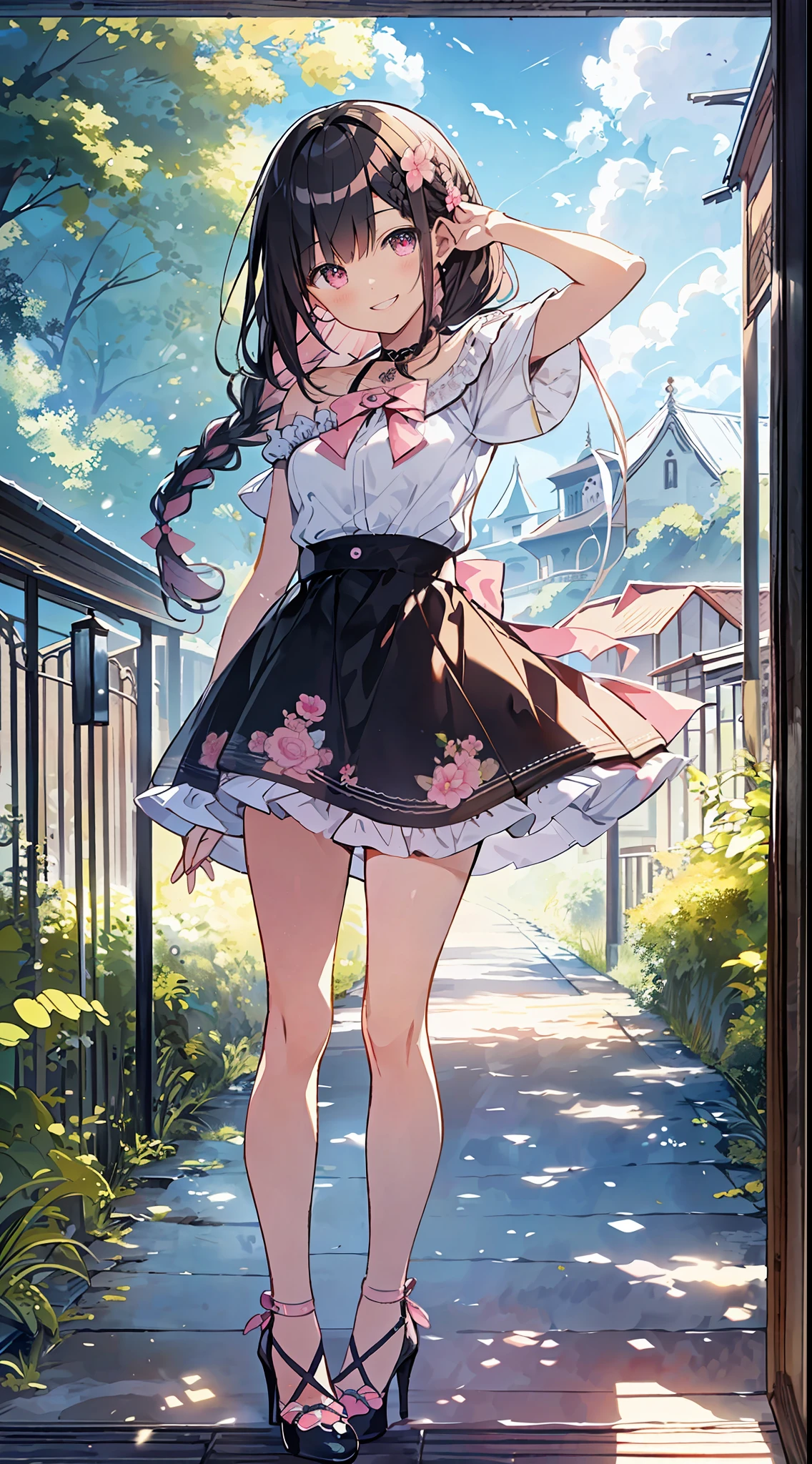 Top Quality, Masterpiece, Ultra High Definition, 8K, Summer Sky, Early Summer, (((Pink Ruffle Tops, Mini Skirts, High Heels)), Shojo Manga Style Loli, One, Soft Line Art, Digital Enhancement, Shojo Manga Touch, Shojo Manga Core, Flowing Fabric, Close Up, (Hair length and short braid to the shoulders)), wet hair, staring at us from the front, soft drawing, Beautiful black hair, clear eyes, ((teasing smile)), ultra-detailed digital anime art, clear face depiction, ultra-detailed shojo manga character art, ultra-detailed manga style, top quality colors, hand gestures, landscape with nature, looking up at the sky, angle that can see up to your feet
