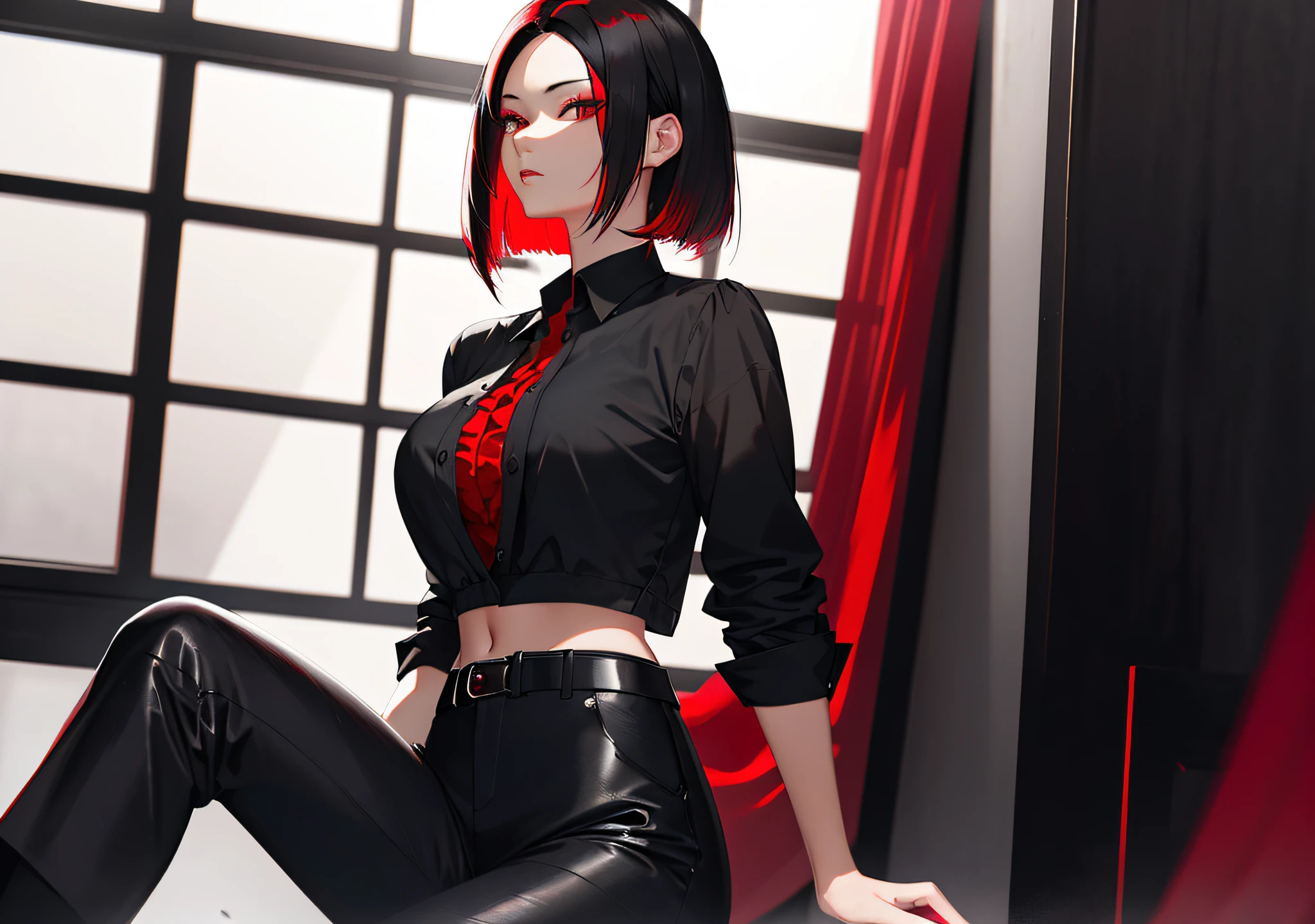 ((Best Quality)), ((Masterpiece)), (((Realistic)) and ultra-detailed photograph of an Asian girl, short black hair with red locks, black short blouse, black lag pants outfit with details on the red edges, ((beautiful and aesthetic))