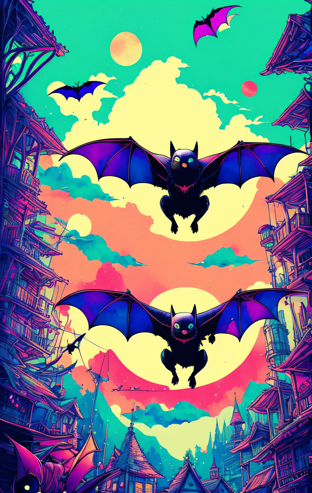 By (dan mumford: 1.4)A detailed illustration of a bat, t-shirt design, t-shirt design, Studio Ghibli style,beautiful and quirky, fantasy art, watercolor effect, bokeh, Adobe Illustrator, hand drawn, digital painting, low-poly, soft lighting, panoramic view, retro aesthetic, character-focused, 4K resolution