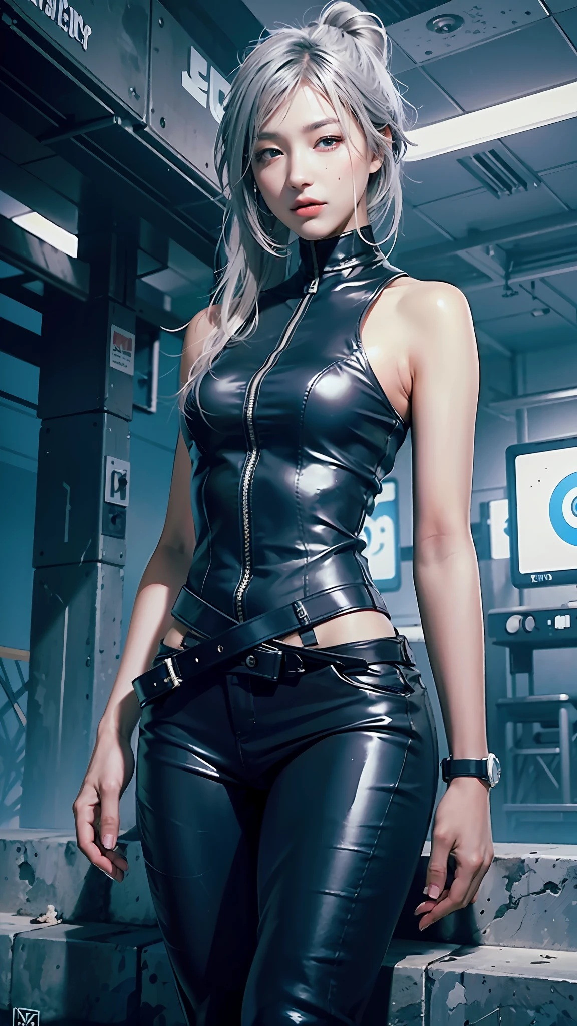 photorealistic, high resolution, 1 girl, gray hair, korean, heterochromic eyes, small moles under the mouth,