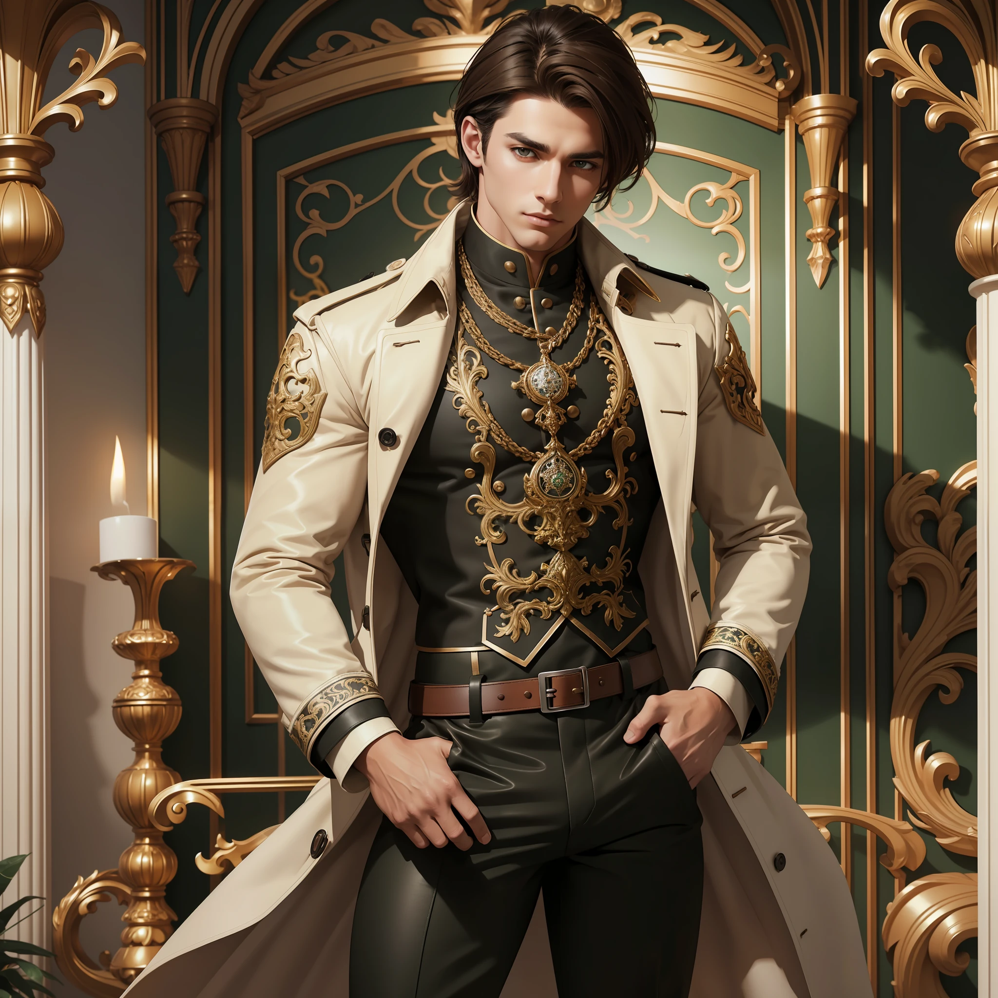 ength brown hair, brown pointed, brown eyes, wearing belt, (wearing buff wool pants, white shirt, tall black boots, buff trench coat:1.1), (wearing loose white shirt:1.1), (in ornate green palace room), bokeh, raytracing, realistic textured skin, particle effects, depth of field