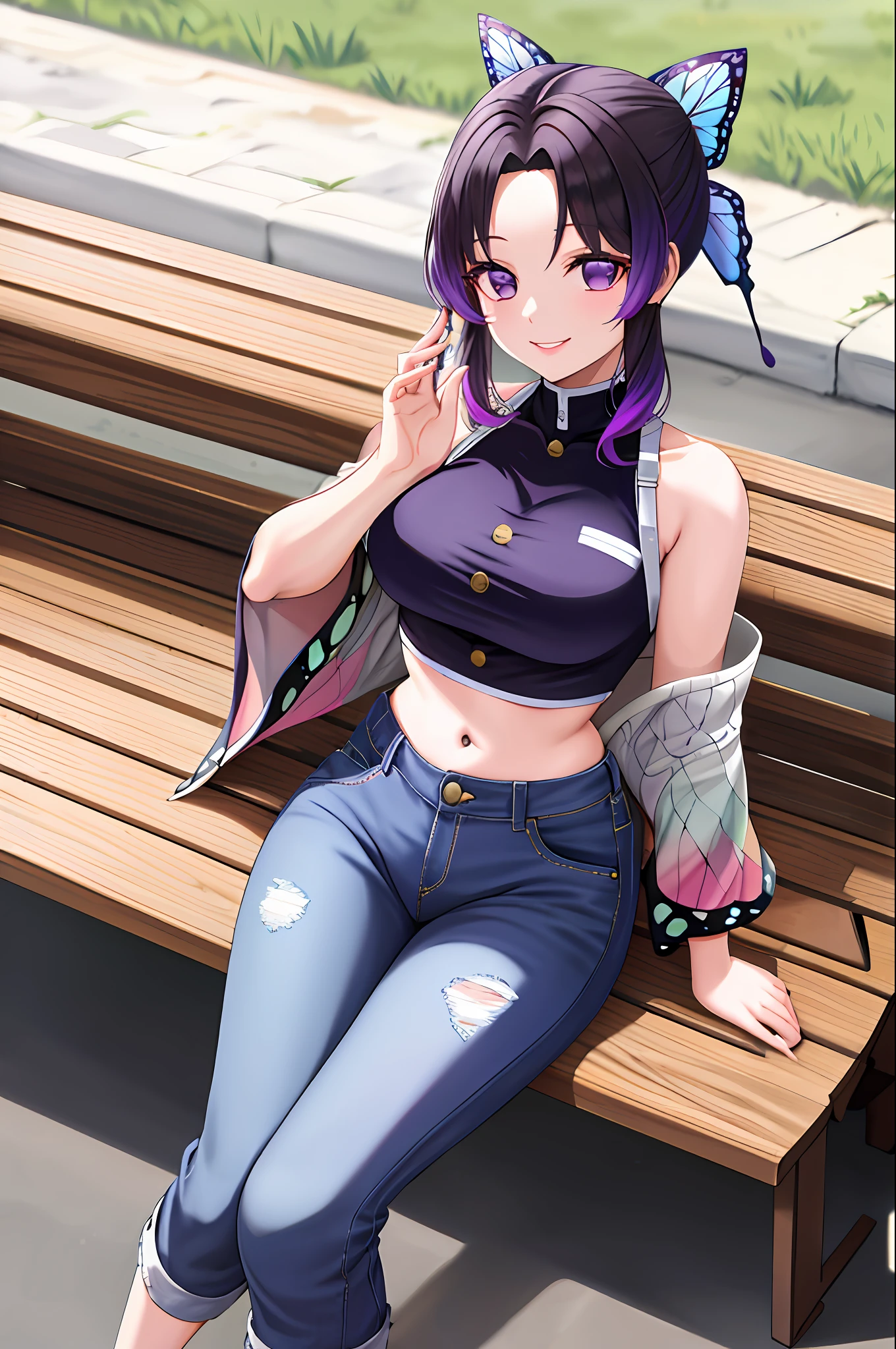 masterpiece, best quality, highres, 1girl, solo, kochou shinobu, butterfly hair ornament, purple eyes, multicolored hair, short hair, parted bangs, jeans, crop top, turtleneck, navel, sitting, bench, outdoors, smile,