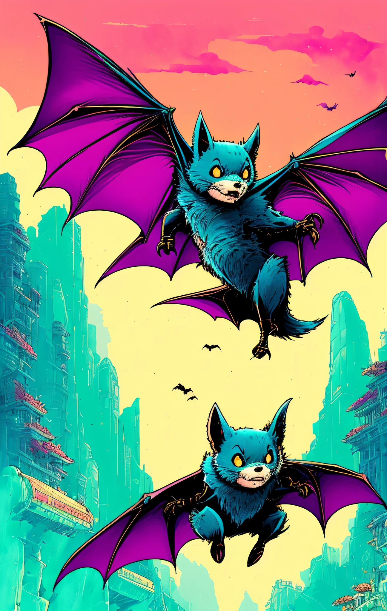 By (dan mumford: 1.4)A detailed illustration of a ferocious bat, t-shirt design, t-shirt design, in the style of Studio Ghibli,beautiful and quirky, fantasy art, watercolor effect, bokeh, adobe illustrator, hand drawn, digital painting, low-poly, soft lighting, panoramic view, retro aesthetic, character-focused, 4K resolution