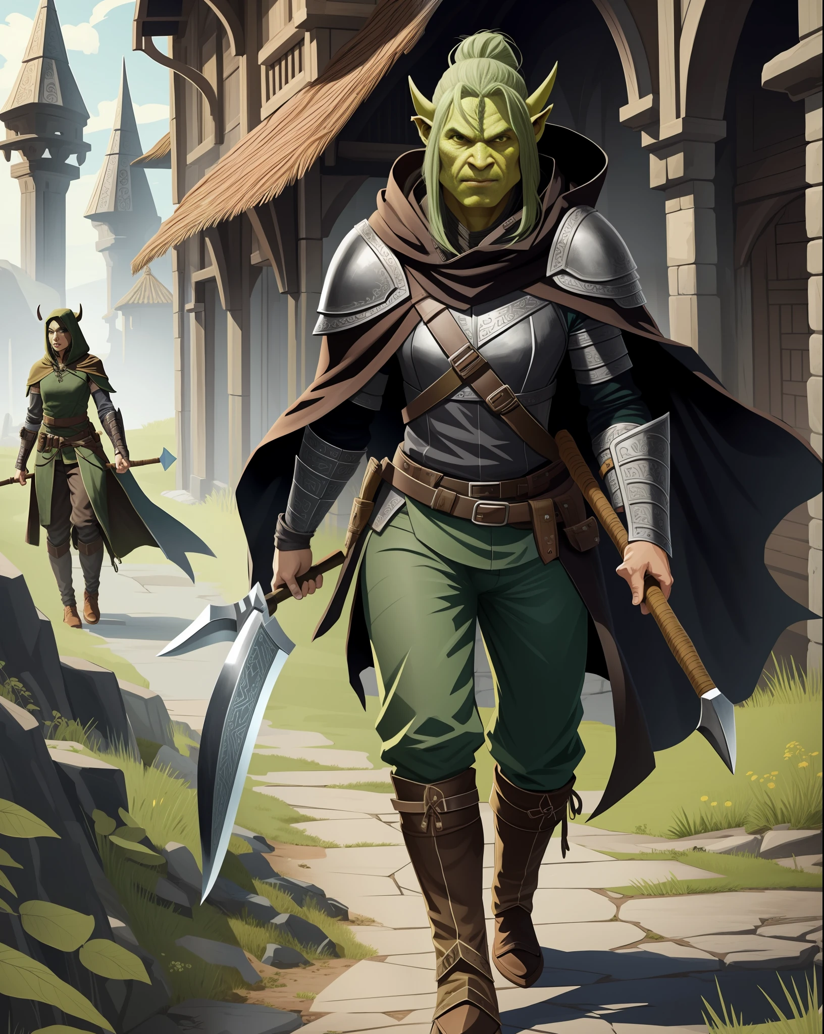 (highly detailed illustration:1.2), best quality, masterpiece, solo, full body, detailed face, detailed eyes, yellow eyes, walking upright, solid background, Leather armor, dark green cloak, hood up, green face, brown leather boots, female, female orc, orc, 1 person, medieval period, no background, holding axe, battle-axe, green skin, tusks, grey travelers pants, black shirt, tusks, one weapon, young woman, young orc, pretty