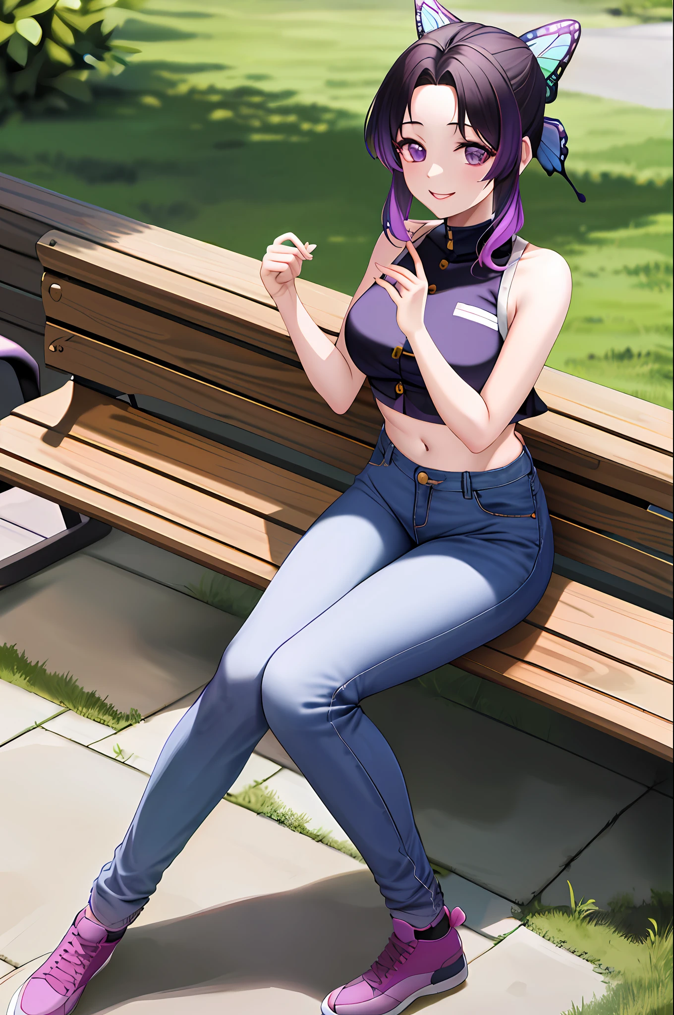 masterpiece, best quality, highres, 1girl, solo, kochou shinobu, butterfly hair ornament, purple eyes, multicolored hair, short hair, parted bangs, jeans, crop top, turtleneck, navel, sitting, bench, outdoors, smile,