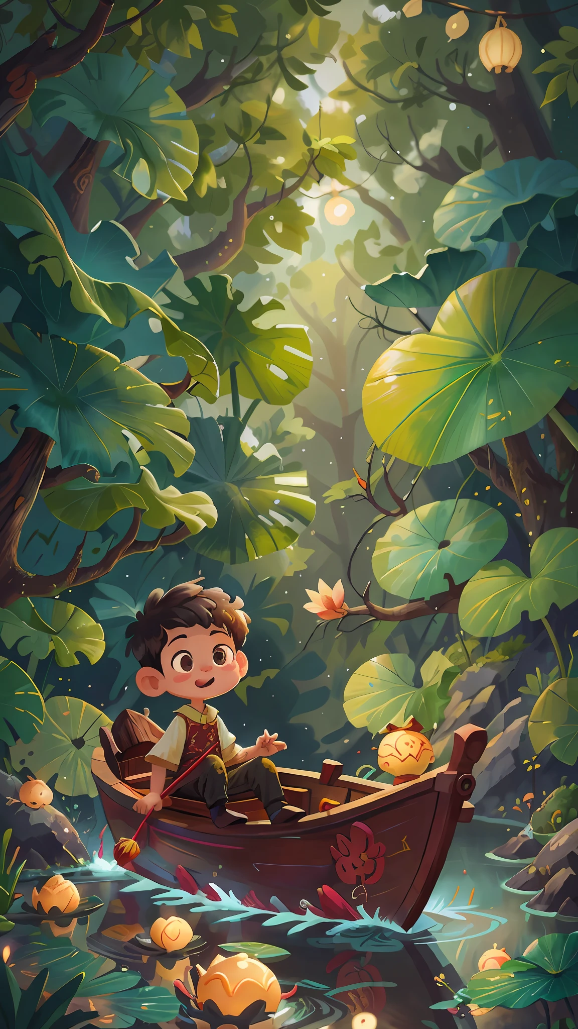 A boy, by the river, lotus leaf decorated wooden boat, decorated with Chinese dragon, happy, happy, perfect quality, clear focus (clutter - home: 0.8), (masterpiece: 1.2) (Realistic: 1.2) (Bokeh) (Best quality) (Detailed skin: 1.3) (Intricate details) (8K) (Detail eyes) (Sharp focus), (Happy)