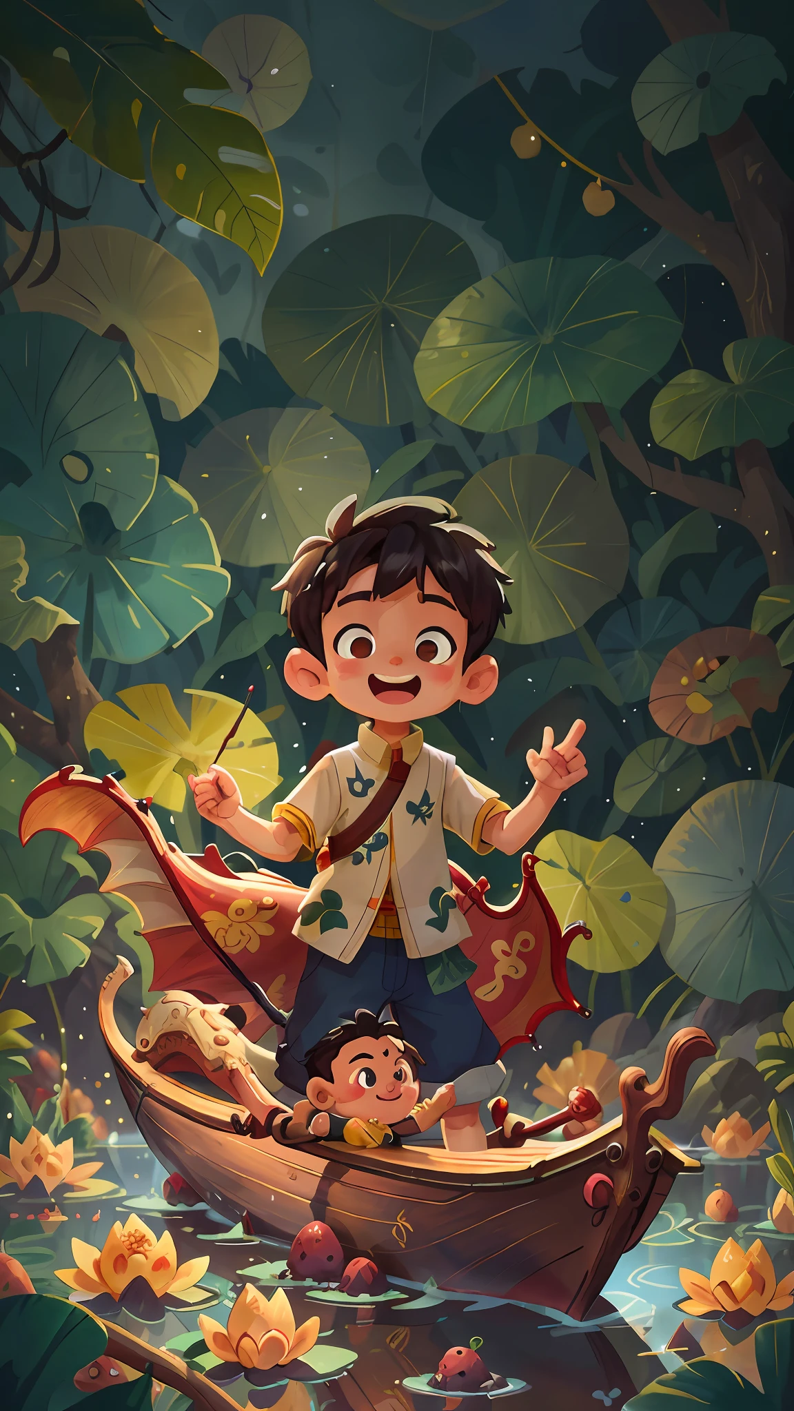 A boy, by the river, lotus leaf decorated wooden boat, decorated with Chinese dragon, happy, happy, perfect quality, clear focus (clutter - home: 0.8), (masterpiece: 1.2) (Realistic: 1.2) (Bokeh) (Best quality) (Detailed skin: 1.3) (Intricate details) (8K) (Detail eyes) (Sharp focus), (Happy)