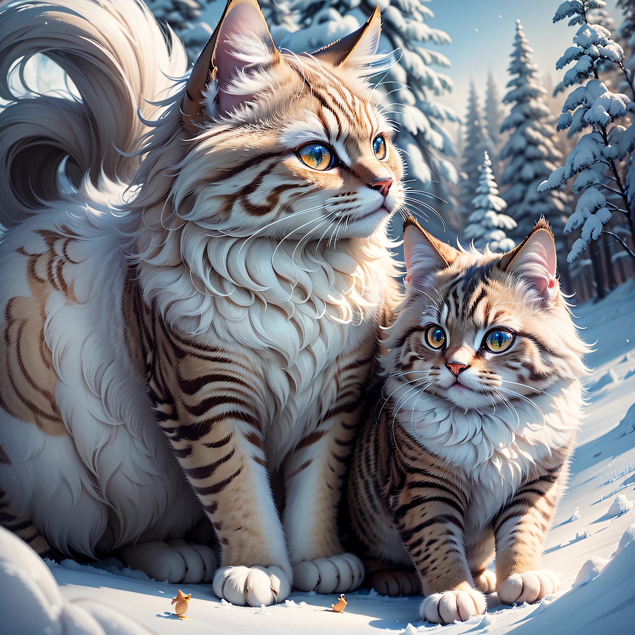 (Highly detailed CG Unity 8K wallpaper), (masterpiece), (highest quality), (realistic), soft lighting, aiming at white Siberian cat, little bird --auto --s2