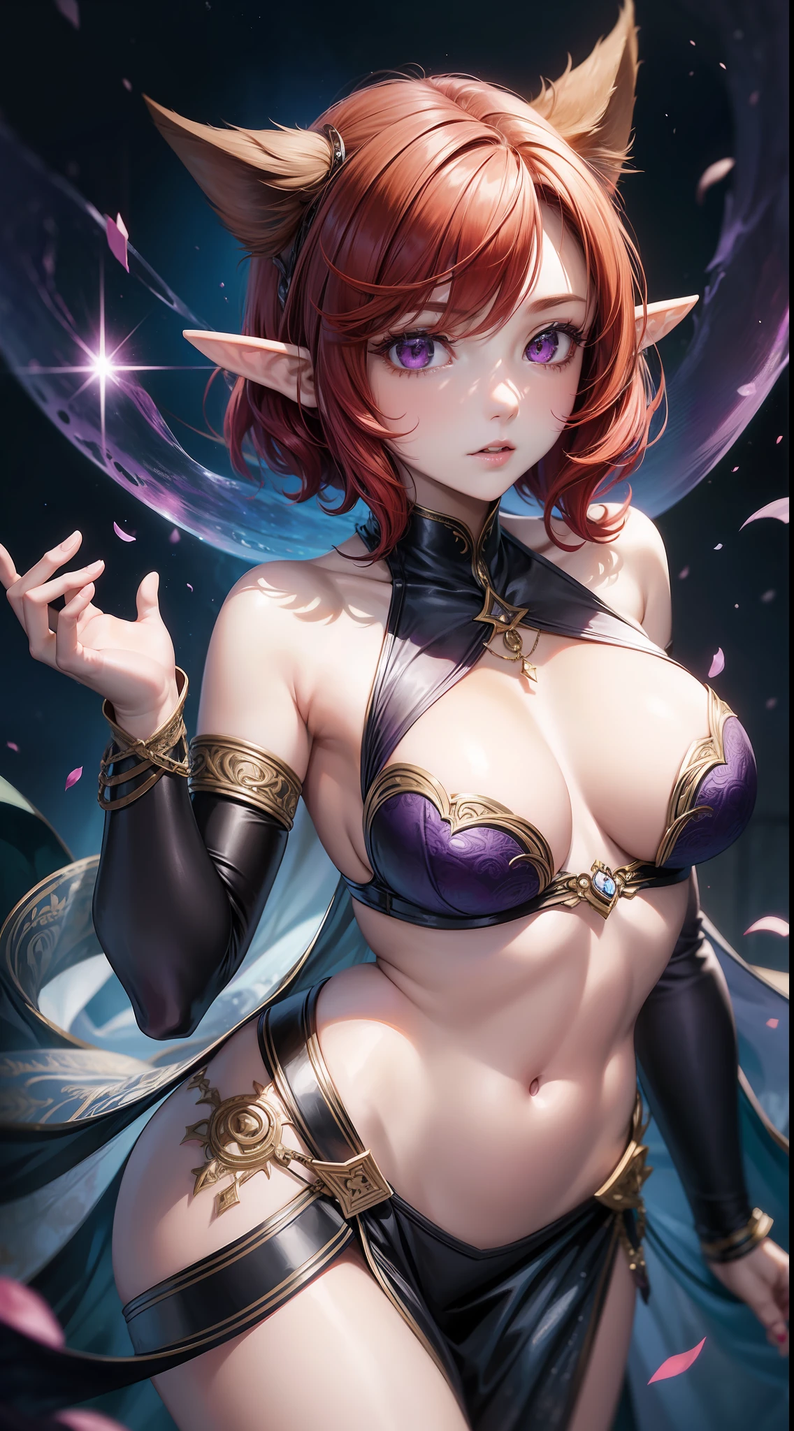 Young girl, short red hair, purple eyes, elven ears, open dress, open breasts, inner breasts, lower breasts, lower breasts, wide breasts, achegao, open belly, masterpiece, high quality