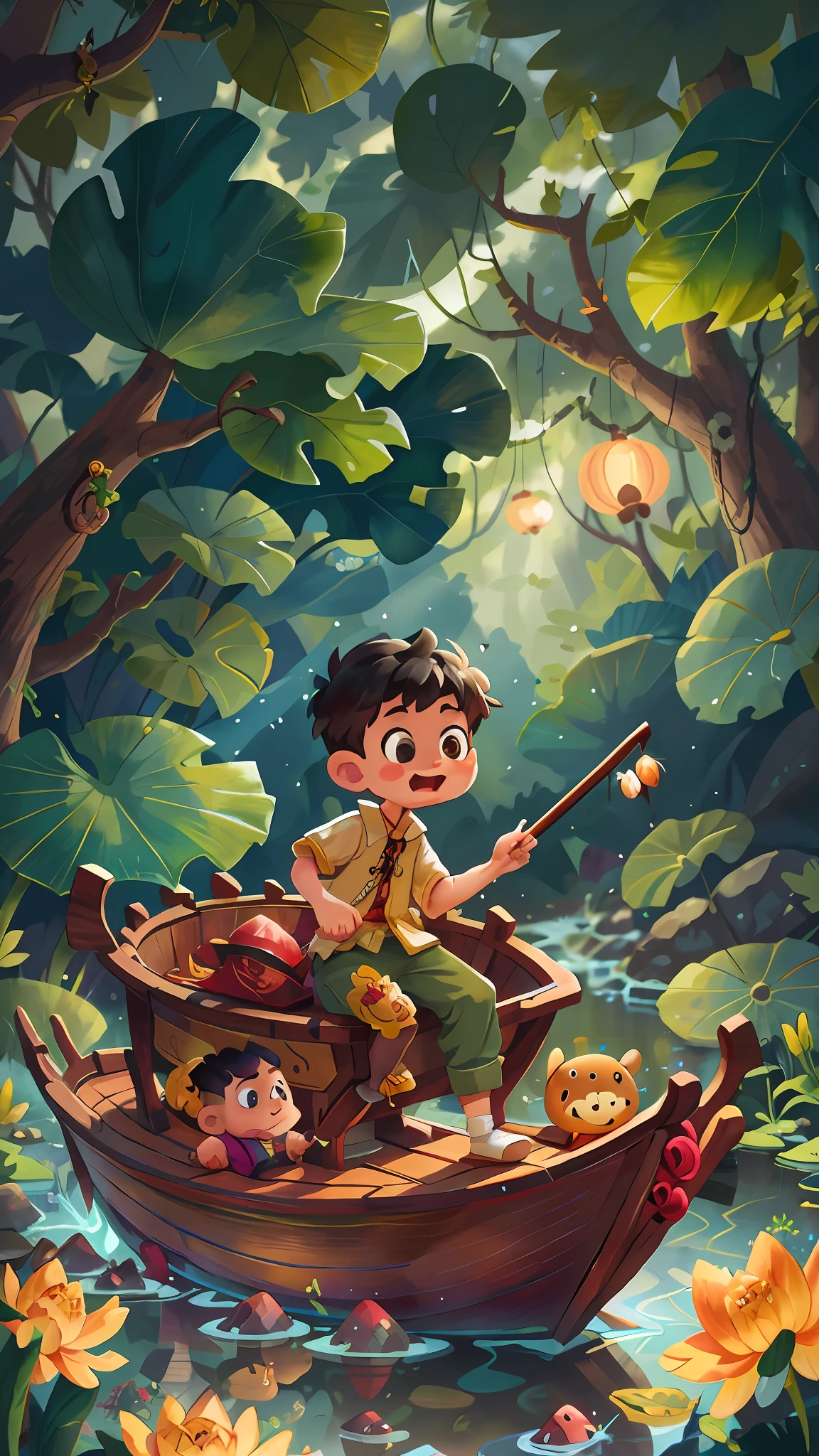 A boy, by the river, lotus leaf decorated wooden boat, decorated with Chinese dragon, happy, happy, perfect quality, clear focus (clutter - home: 0.8), (masterpiece: 1.2) (Realistic: 1.2) (Bokeh) (Best quality) (Detailed skin: 1.3) (Intricate details) (8K) (Detail eyes) (Sharp focus), (Happy)