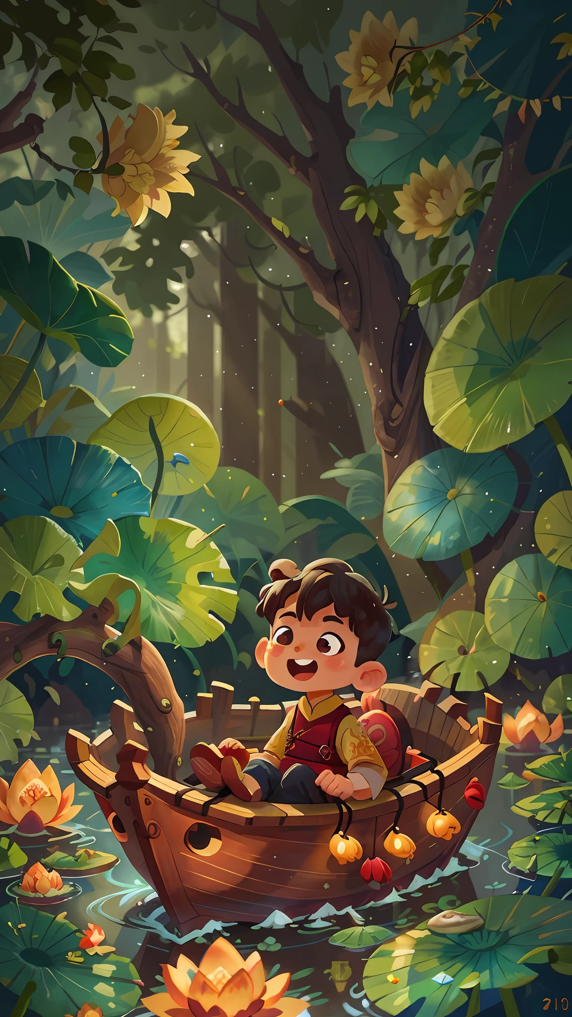 A boy, by the river, lotus leaf decorated wooden boat, decorated with Chinese dragon, happy, happy, perfect quality, clear focus (clutter - home: 0.8), (masterpiece: 1.2) (Realistic: 1.2) (Bokeh) (Best quality) (Detailed skin: 1.3) (Intricate details) (8K) (Detail eyes) (Sharp focus), (Happy)