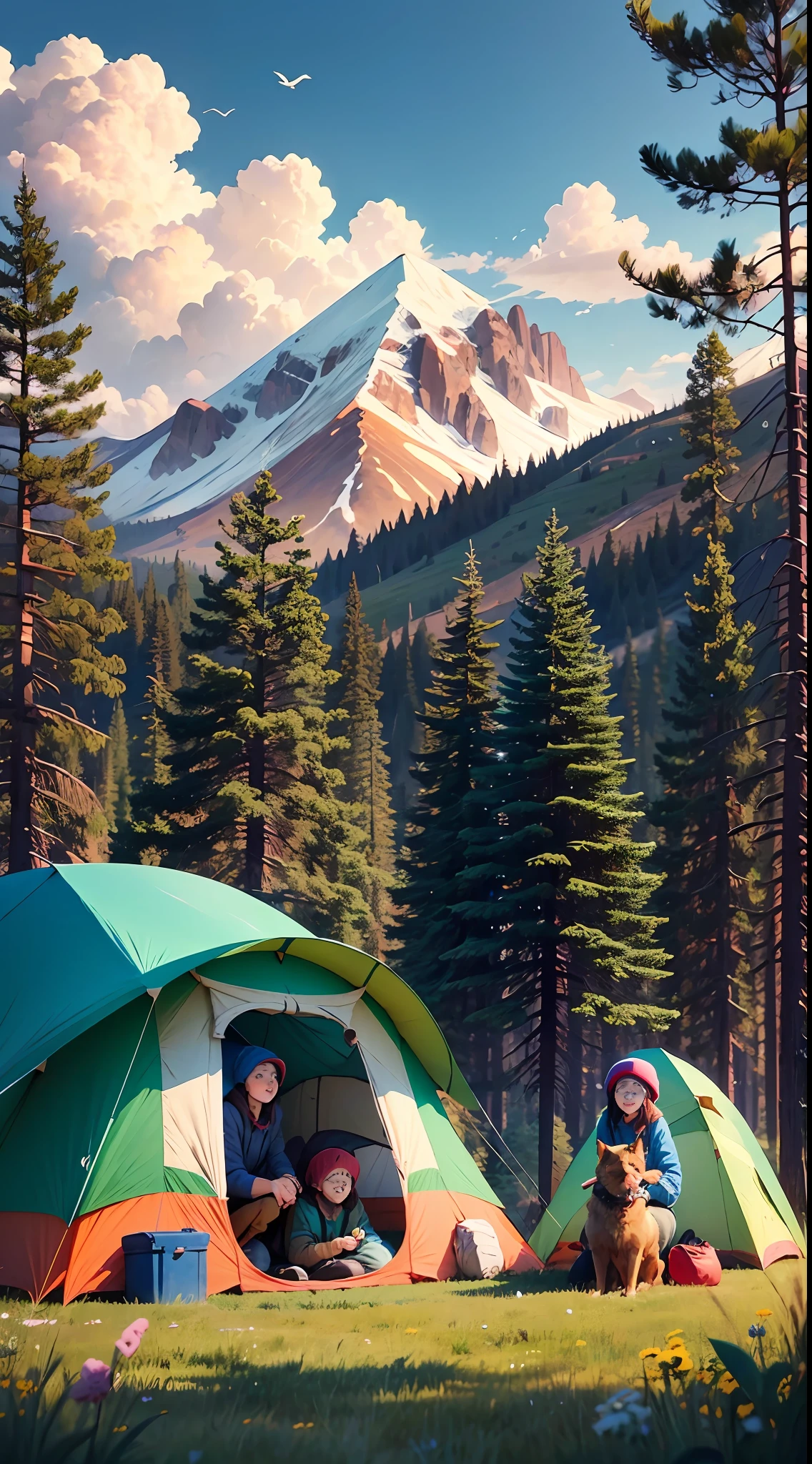 A group of kids get together, face features, happy, pet dogs, tent camp, RV, camping, meadow, blue sky, birds, anime cover, cute art style, multicolored hair, berets, UHD --auto --s2