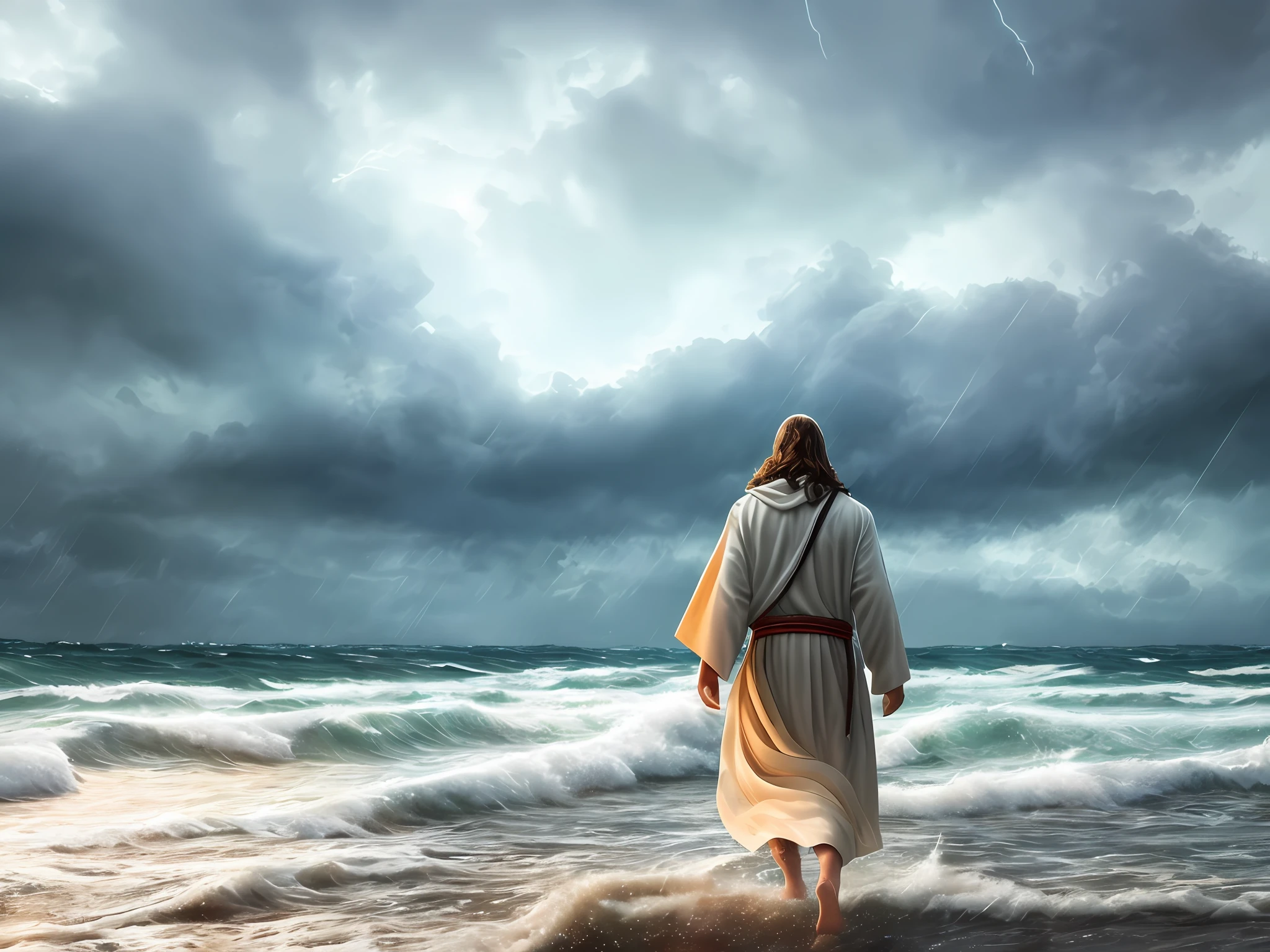 jesus walking on water in a storm, masterpiece, best quality, high quality, extremely detailed CG unit 8k wallpaper, award winning photography, Bokeh, Depth of Field, HDR, bloom, Chromatic aberration, photorealistic, extremely detailed, trending on artstation, trending on CGsociety, intricate, high detail, dramatic, mid-journey art, volumetric lighting