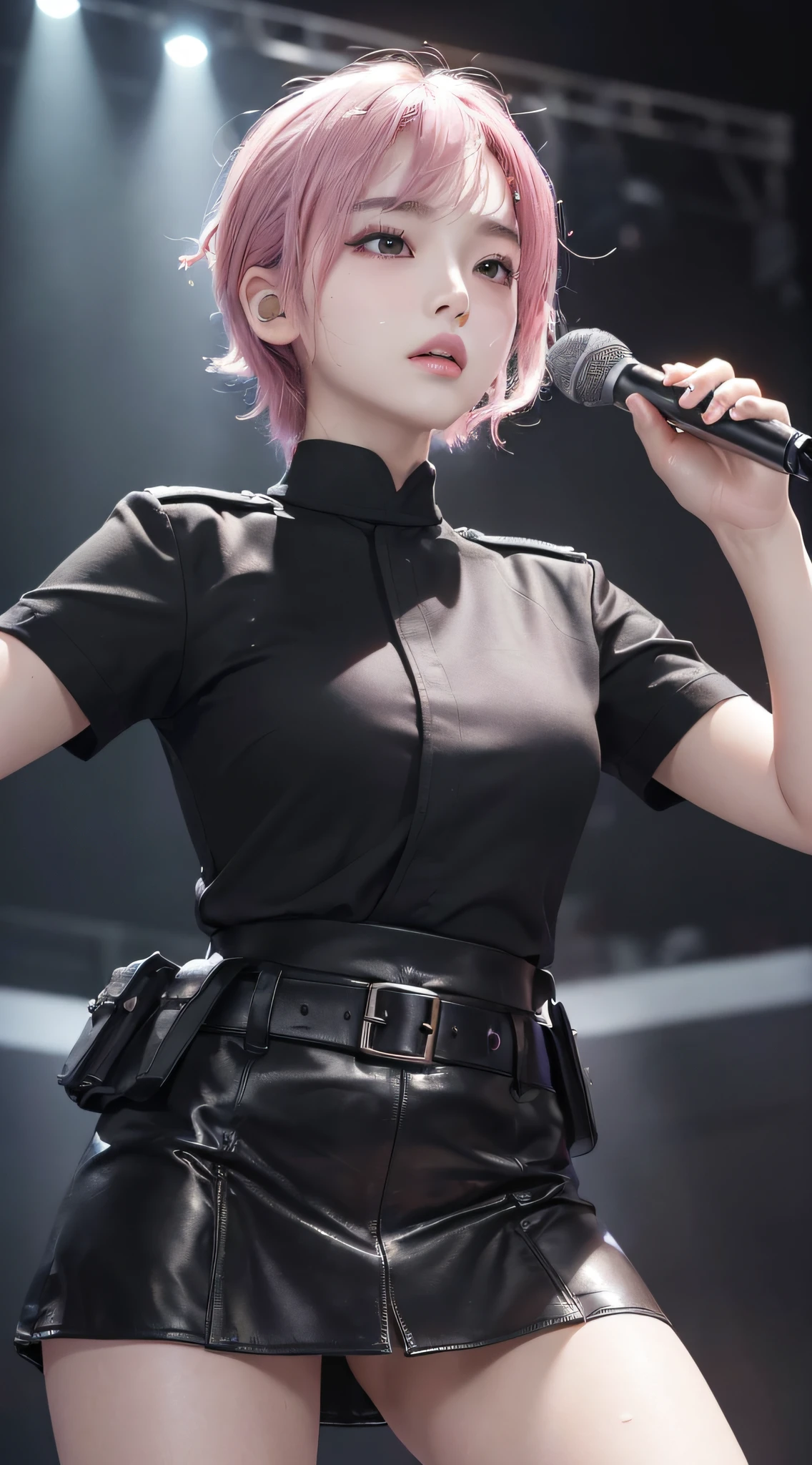 (Masterpiece) (8K High Resolution) (Best Quality) (Super Definition) (Ultra Realistic) (Beautiful Girl) (RAW photo) (Photorealistic) (The most beautiful face) (Perfect body) (5 fingers) (9 lifeframes) (16 years old) (Korean) (Full body) (Sweaty soft skin) (Singing at a concert) (Realistic lighting) (Black military uniform) (Super mini skirt) (Short pink hair) (Taken from below) (Looking at the camera)