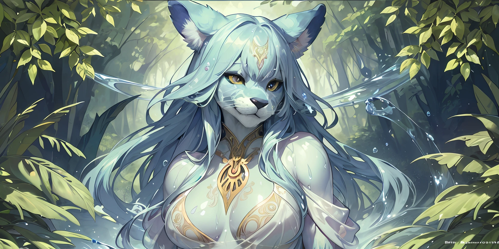 Top quality ultra-fine illustrations by Alphonse Mucha, Art nouveau, bathing in water, beautiful refraction of water, white dress soaked in water, transparent clothing, Delicate and elegant linework, Decoration with plant motifs, Geometric decoration, Poetic atmosphere, Rich colors, Dreamy, mystical, Tarot Card(In the forest where the stream flows, Backlighting)(beautiful face and eyes with great detail)absurdres perfect anatomy((Beastwoman))(Furry, Solo focus, dress)(furry anthro:1.7)(((furry body, Facial features of animal, Features of the animal body)))(((muzzle of the animal very detailed fur)))All over body, Smile (portrait),