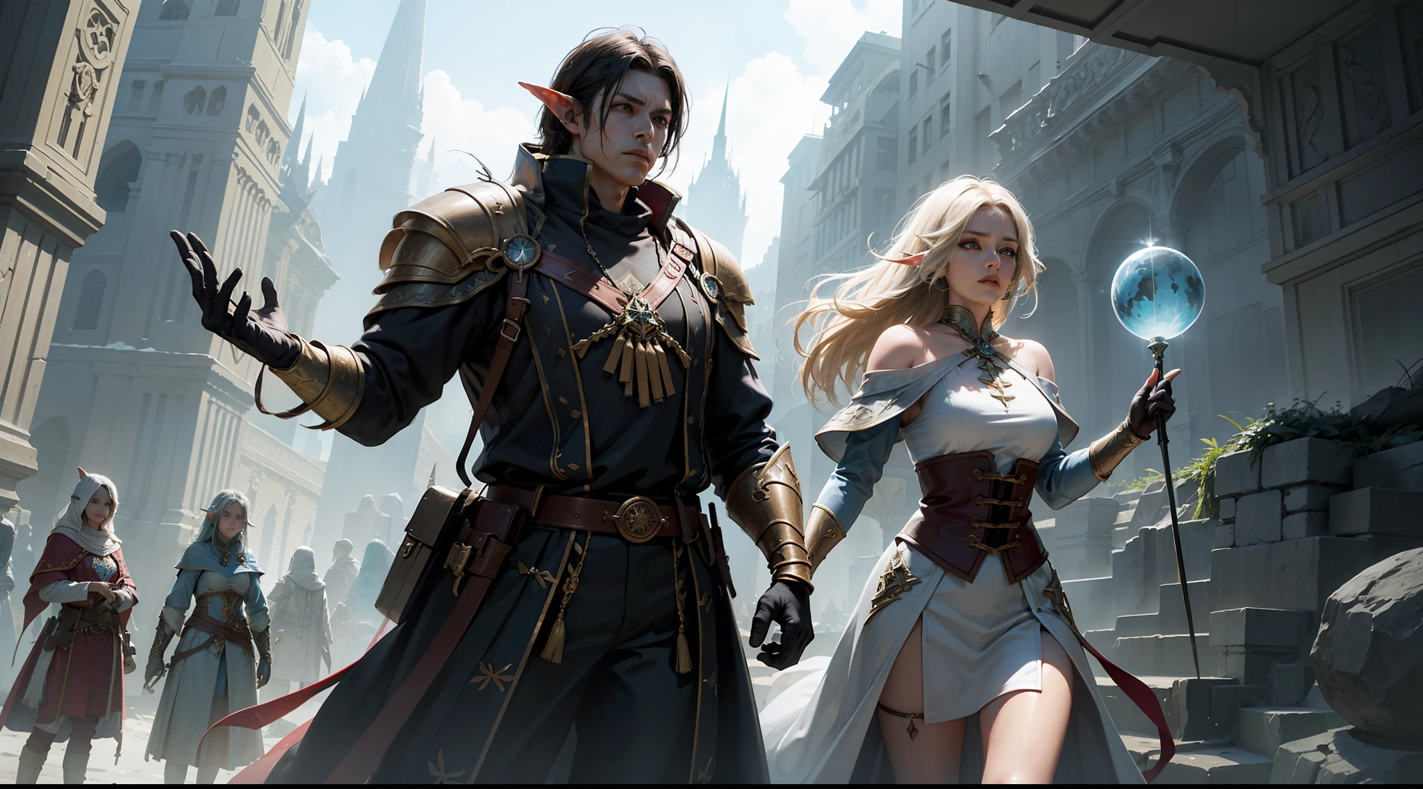 ((Best quality)), ((masterpiece)), (highly detailed:1.3)3D,tanjoreai , Amidst a realm of enchantment and mythical wonders, tales of (heroes:1.1) and (heroines:1.2) unfold. In this realm, ancient prophecies foretell the rise of a chosen champion destined to confront a malevolent force threatening to plunge the world into eternal darkness. The path to victory lies scattered across exotic and otherworldly landscapes, from mist-shrouded forests to towering crystalline peaks and (ethereal floating islands:1.1).Harnessing the arcane arts, (mighty wizards:1.1) conjure spells that weave intricate patterns of magic, while (elven archers:1.1) unleash arrows infused with ancient power. (Dwarven smiths craft legendary weapons:1.1) imbued with the essence of mythical creatures, capable of vanquishing even the most formidable foes.The heroes embark on a perilous quest, guided by ancient scrolls and cryptic riddles. Along their journey, they encounter wise mystics, shape-shifting creatures, and (mysterious sorceresses:1.1) who possess forbidden knowledge.As the heroes traverse the realms, ancient ruins and forgotten temples reveal long-lost secrets and powerful artifacts. The clash of steel and the crackling of (magical energies:1.1) echo through ancient battlegrounds, as the destiny of the world hangs in the balance. The heroes must summon unwavering courage, unwavering unity, and unlock their true potential to overcome seemingly insurmountable odds and fulfill their heroic destinies.In this realm of high fantasy, where the realms of magic and technology intertwine, where legends are born and (epic:1.2) sagas unfold, where heroes rise and villains fall, embark on a grand adventure that will captivate the imagination and transport you to a world where anything is possible,HDR (High Dynamic Range),Ray Tracing,NVIDIA RTX,Super-Resolution,Unreal 5,Subsurface scattering,PBR Texturing,Post-processing,Anisotropic Filtering,Depth-of-field,Maximum clarity and sharpness,Multi-layered textu